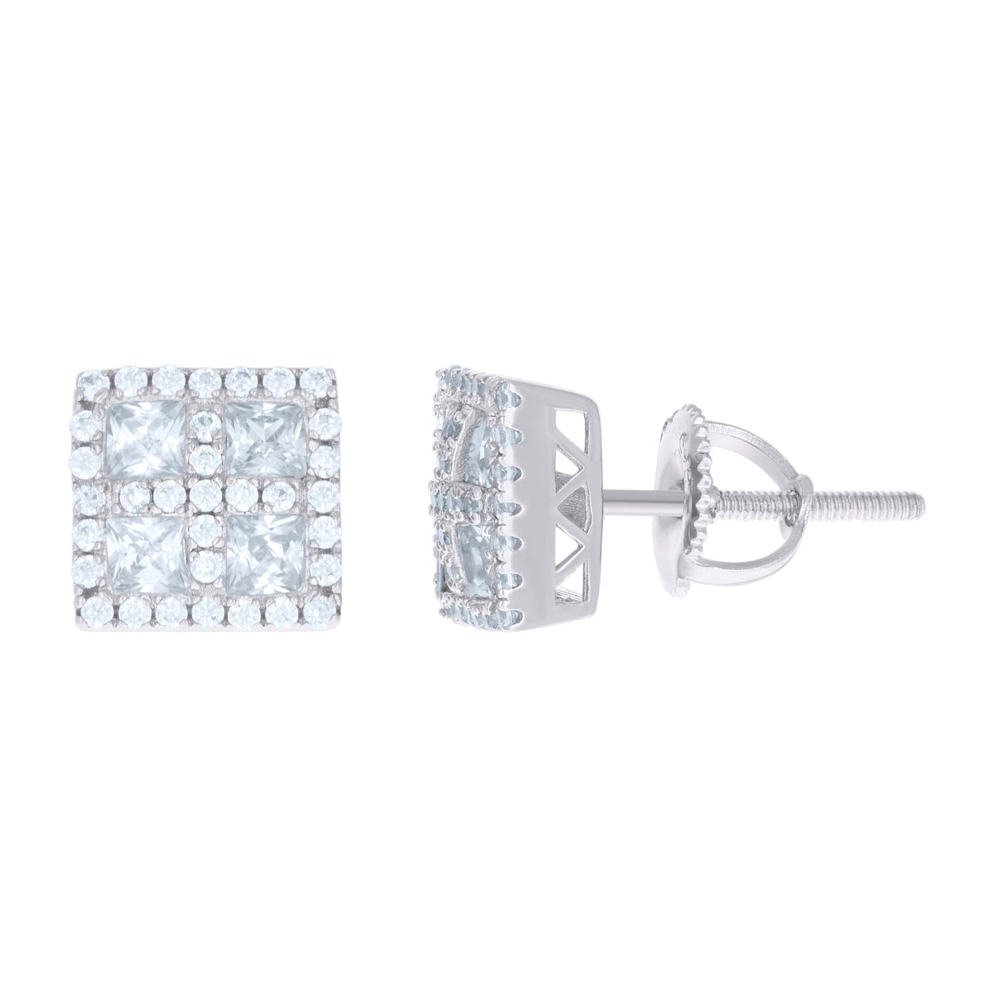 Sterling Silver Mens Womens Unisex Round Cubic Zirconia Princess Stud Fashion Earrings