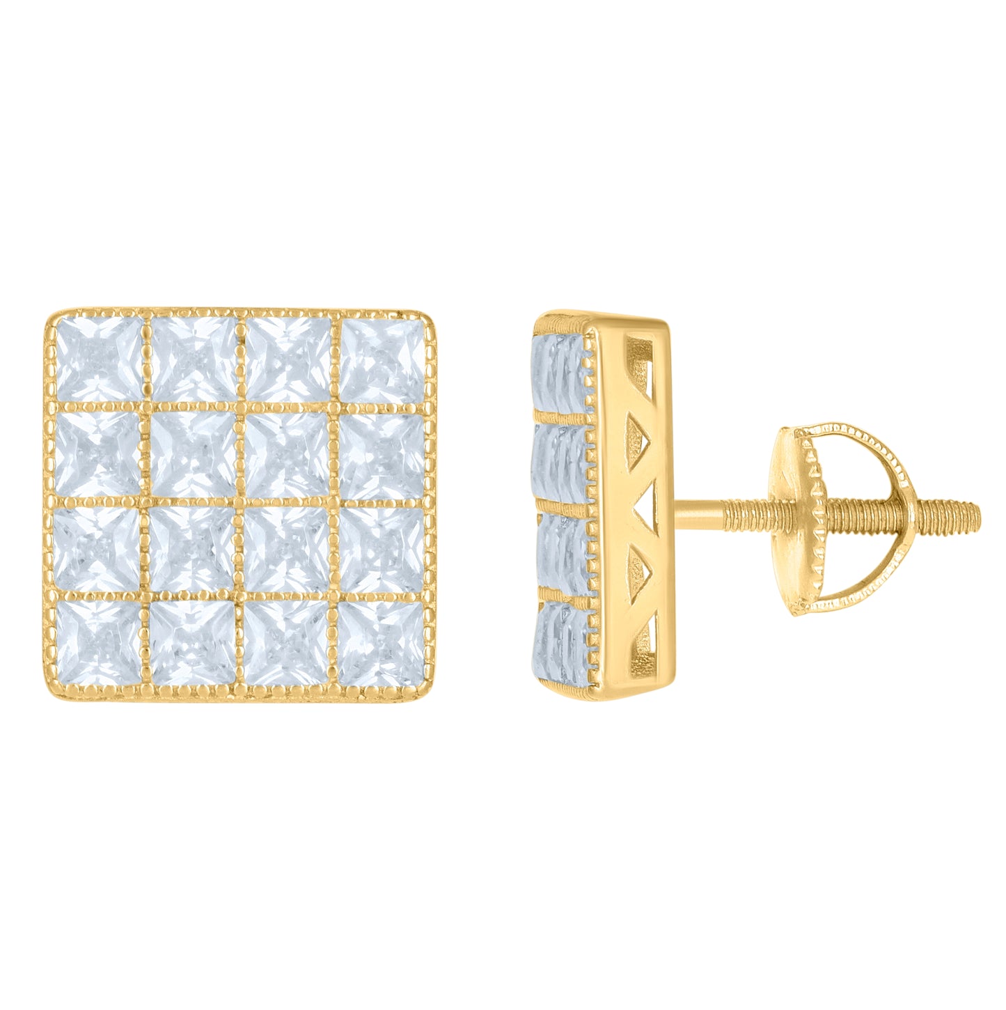 Sterling Silver Or Yellow-Tone Mens Womens Unisex Princess Cubic Zirconia Stud Cluster Square Fashion Earrings
