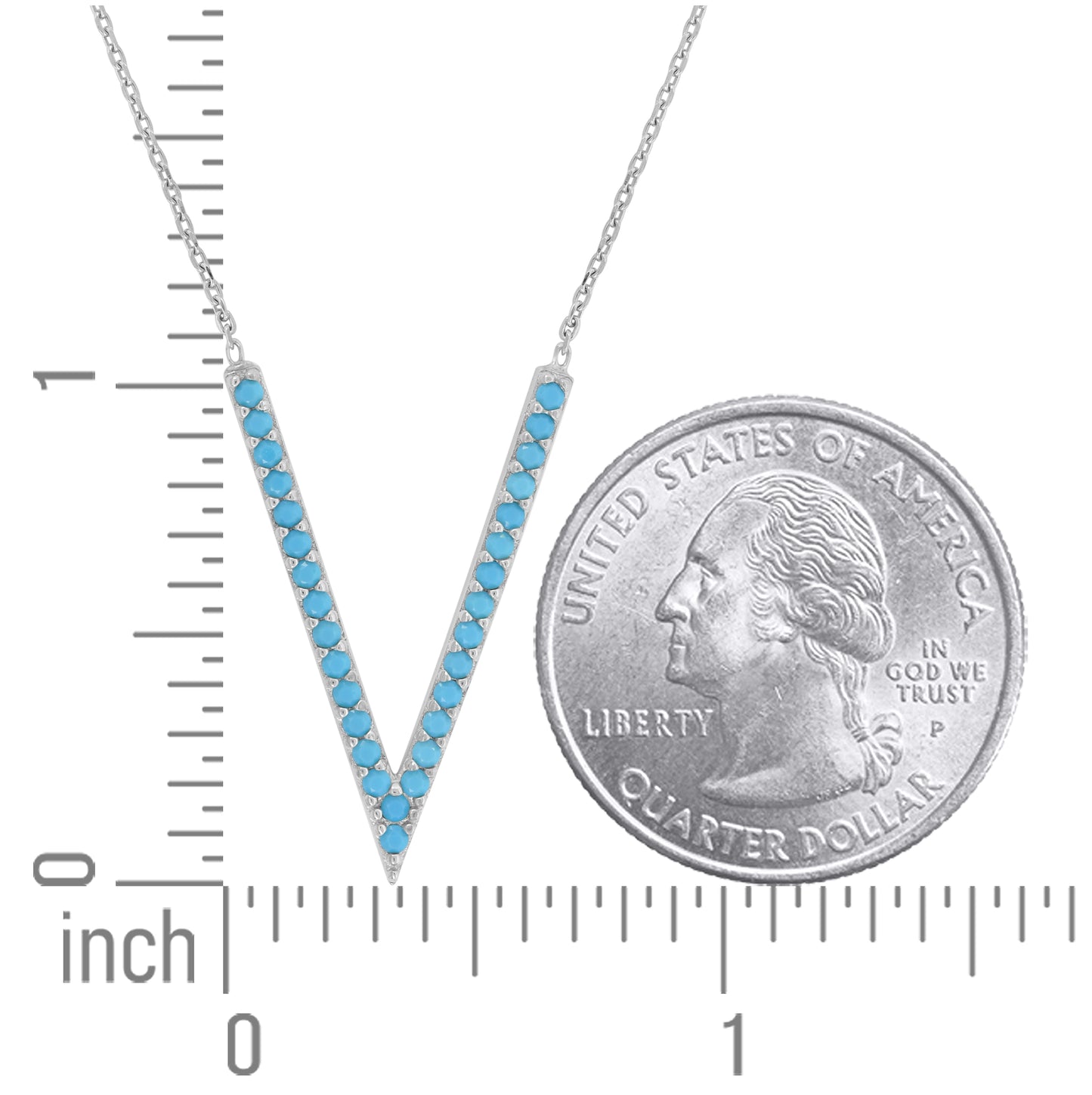 Sterling Silver Women Turquoise Cubic Zirconia Rolo Link Fashion V Shape Necklace
