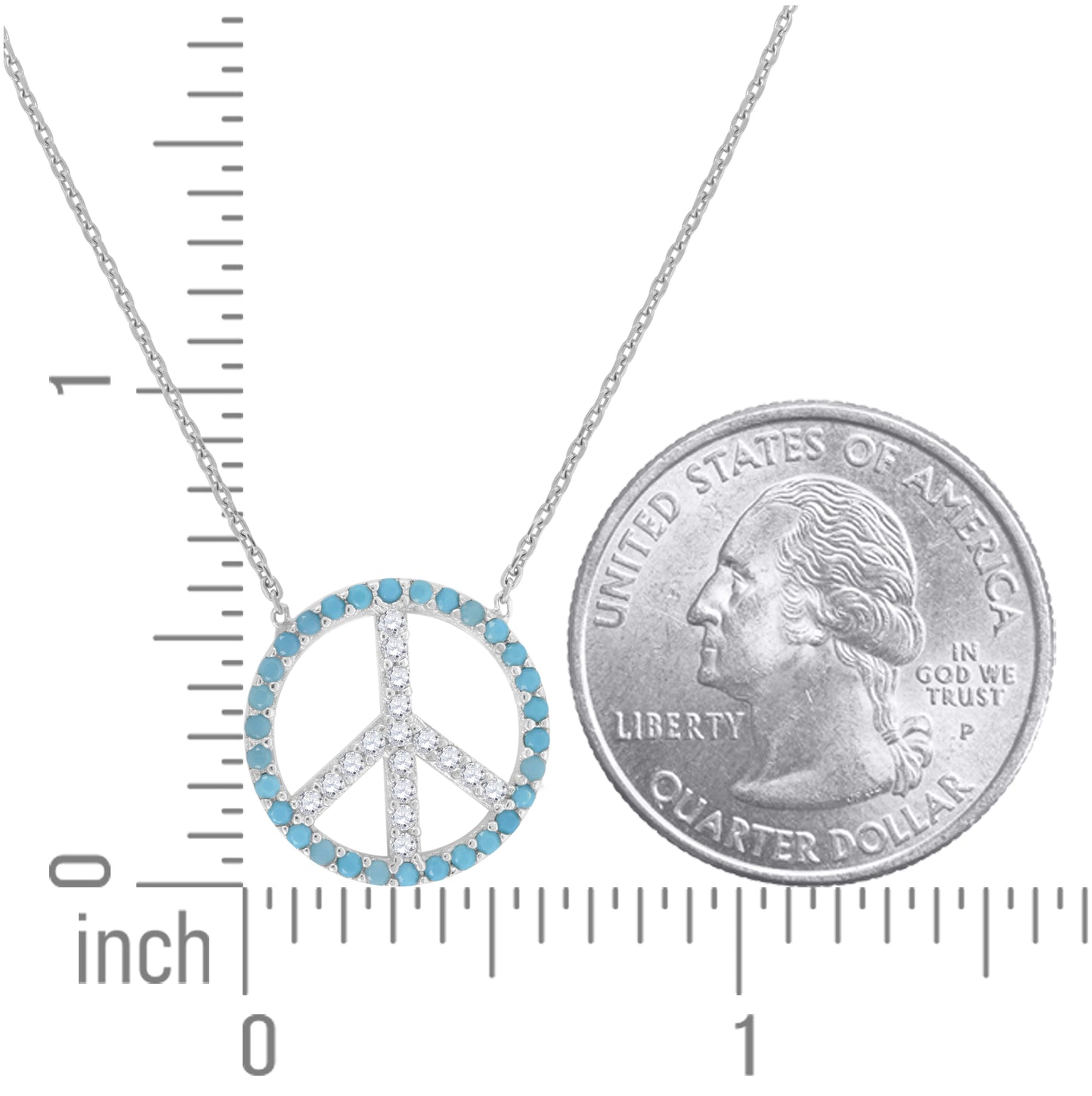Sterling Silver Women Turquoise & White Cubic Zirconia Rolo Link Peace Symbol Necklace