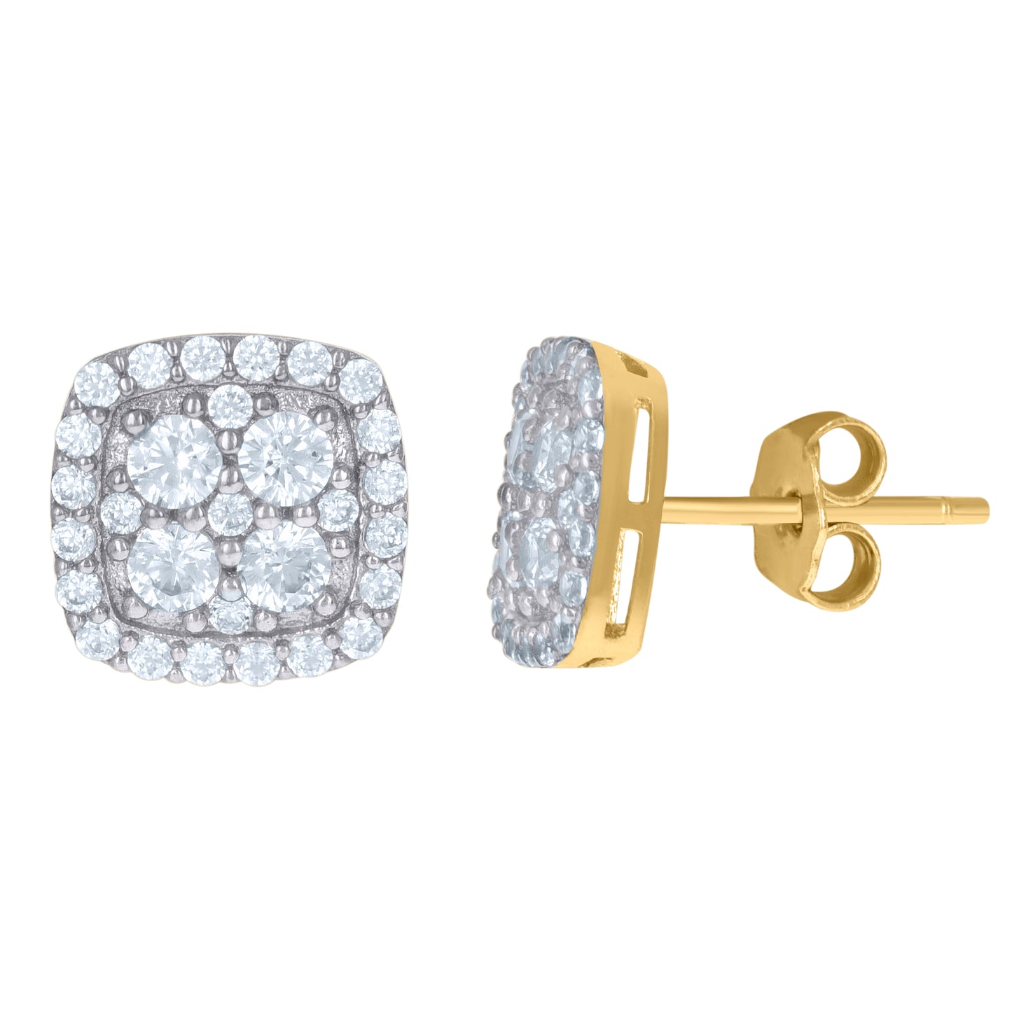 10K Gold Two-Tone Cubic-Zirconia Mens Square 8mm Push Back Studs