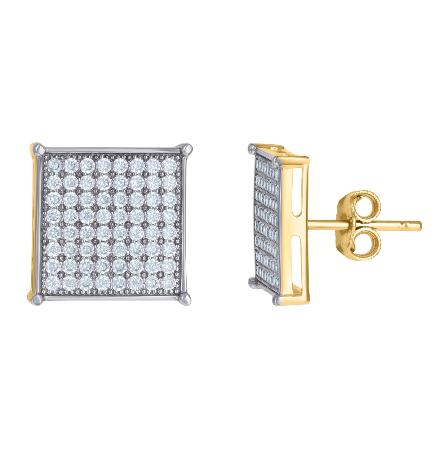 10K Gold Two-Tone Cubic-Zirconia Mens Square 11mm Push Back Studs