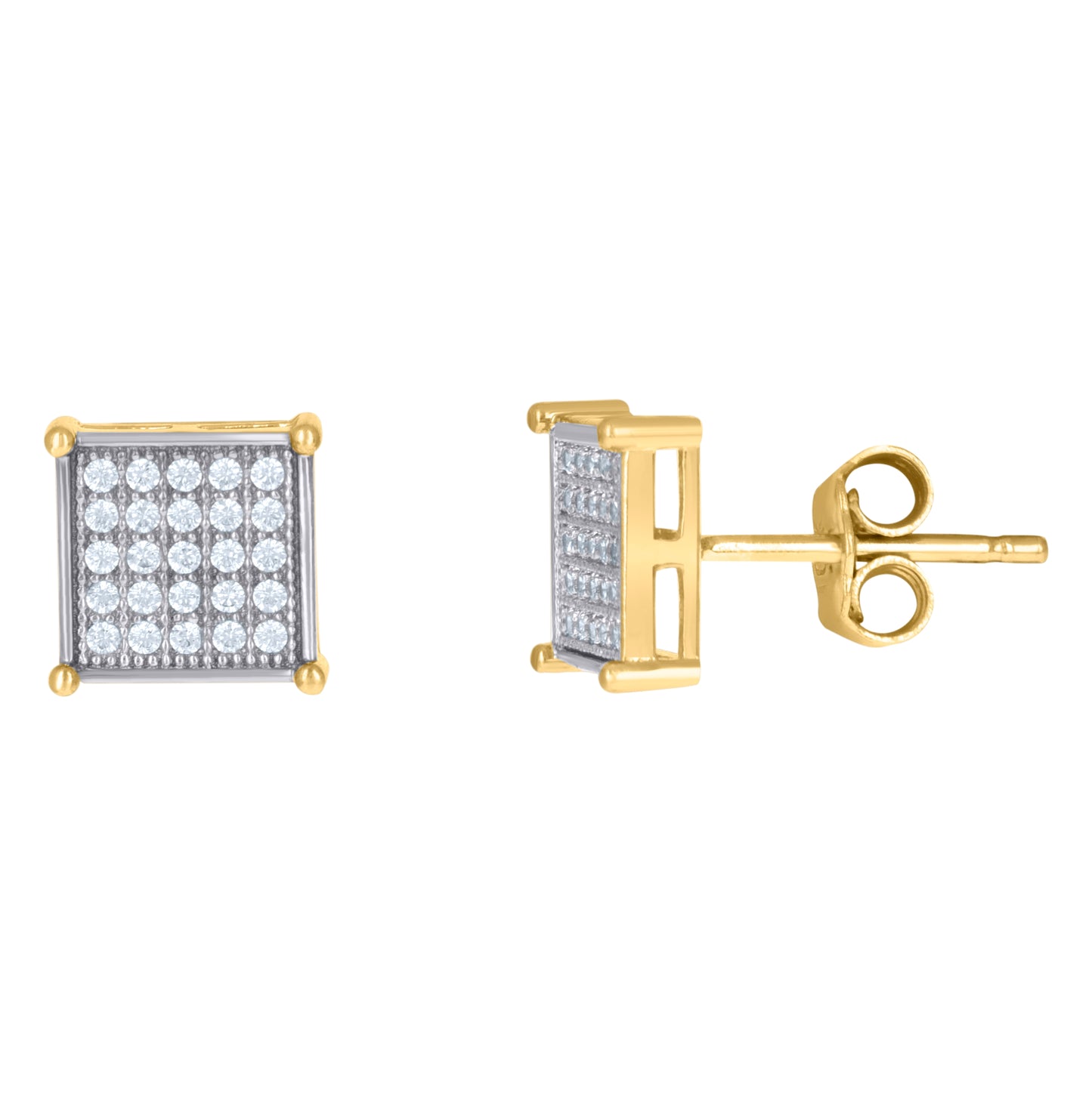 10K Gold Two-Tone Cubic-Zirconia Mens Square Push Back Stud
