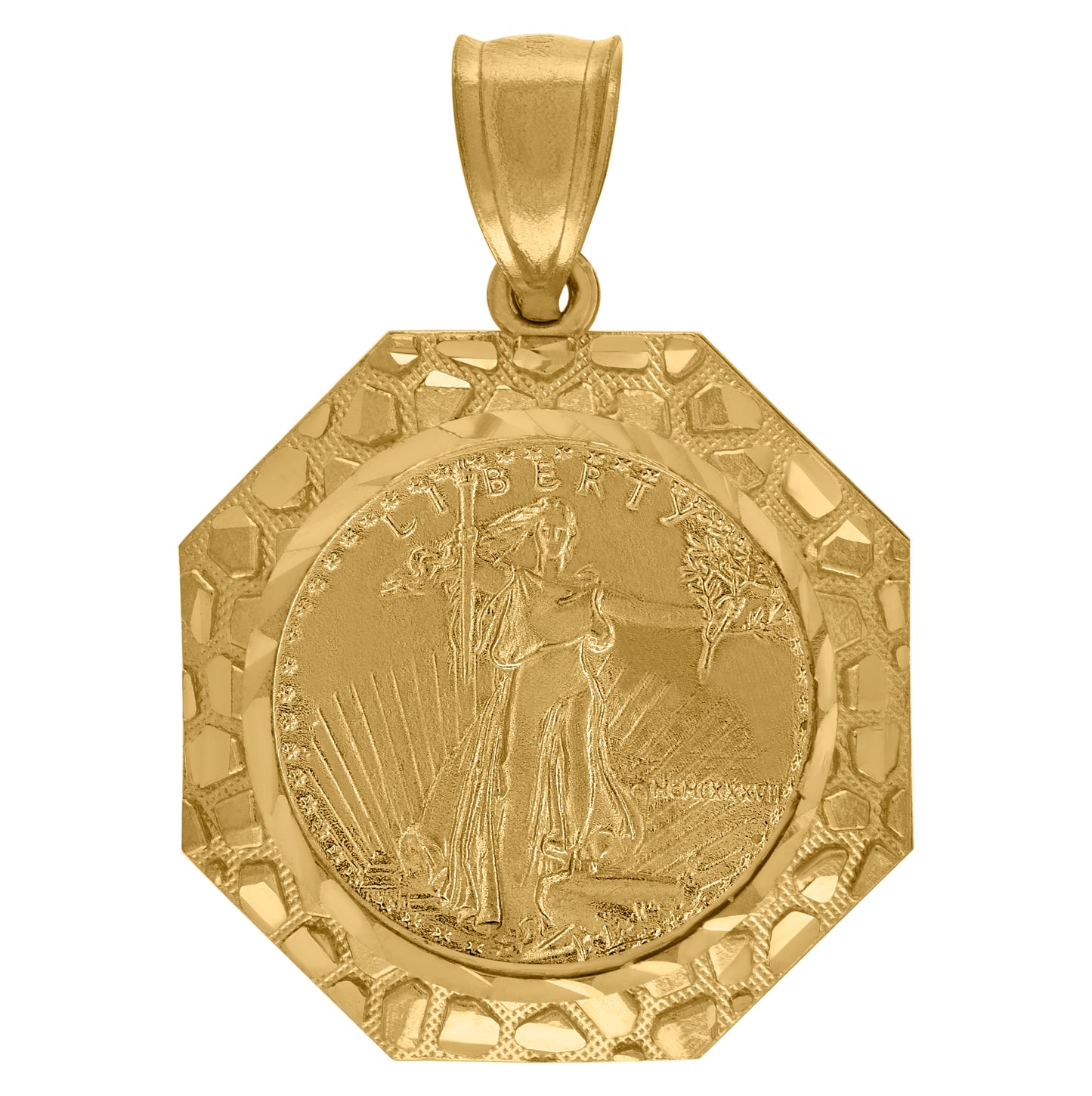 10K Yellow Gold Mens Nugget Lady Of Liberty Medallion Charm Pendant