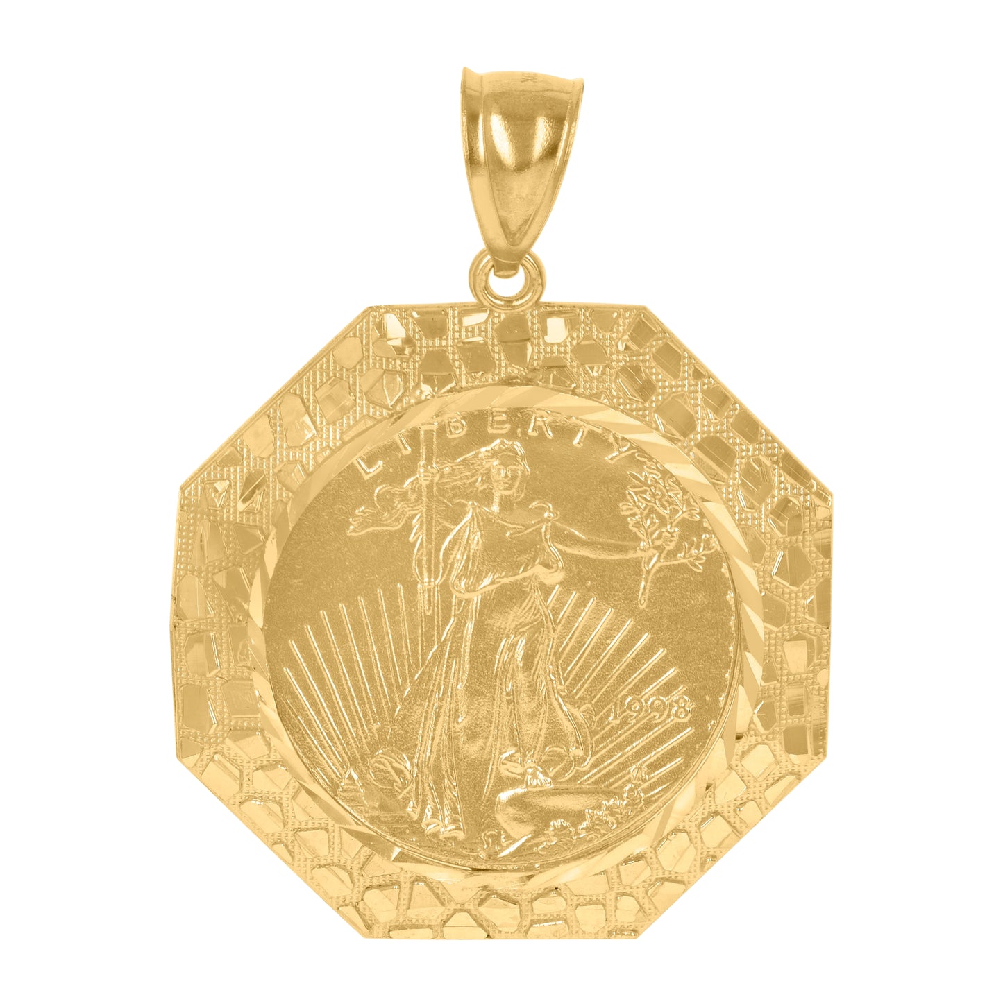 10K Yellow Gold Diamond-Cut Mens Lady Liberty Octagon Medallion Charm Pendant