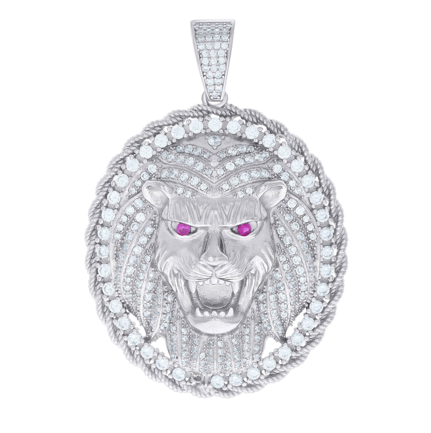 Sterling Silver Mens Pink Cubic Zirconia Lion Head Animal Charm Pendant