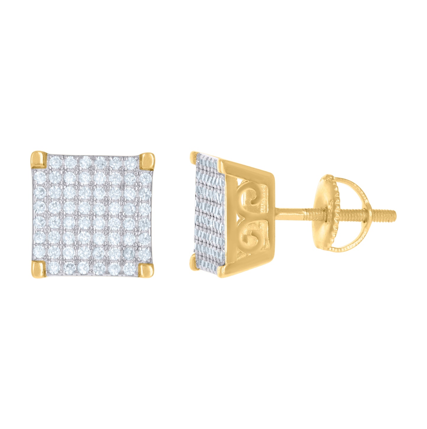 Sterling Silver Yellow-Tone Unisex Cubic Zirconia Square Stud Earrings
