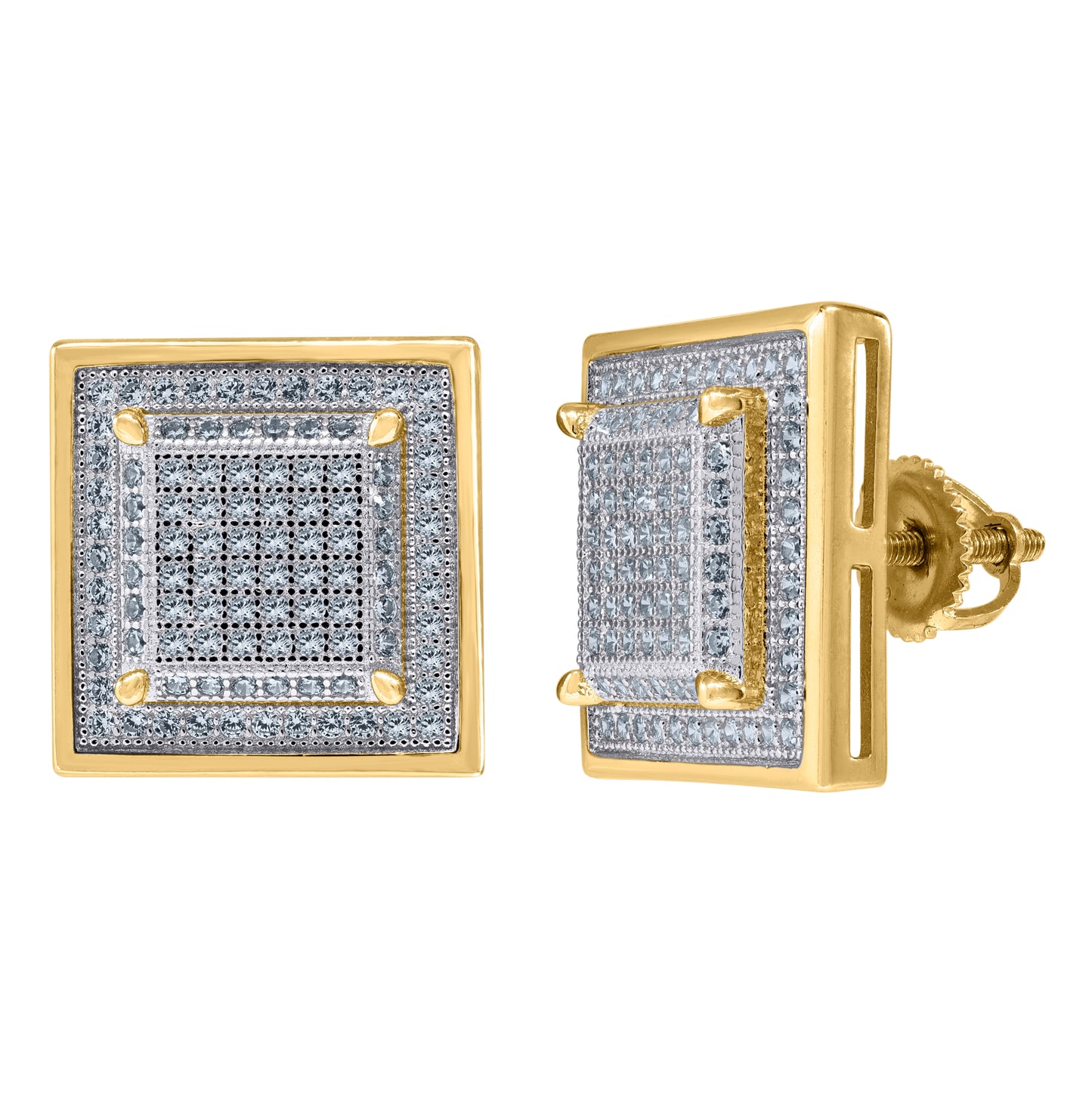 Sterling Silver Yellow-Tone Unisex Cubic Zirconia Square Stud Earrings