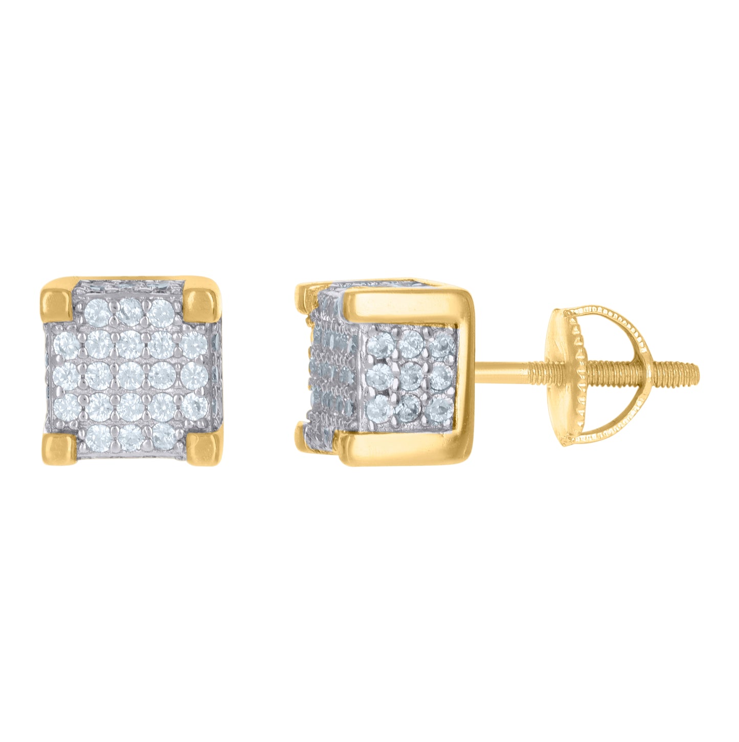 Sterling Silver Yellow-Tone Unisex Cubic Zirconia Square Stud Earrings