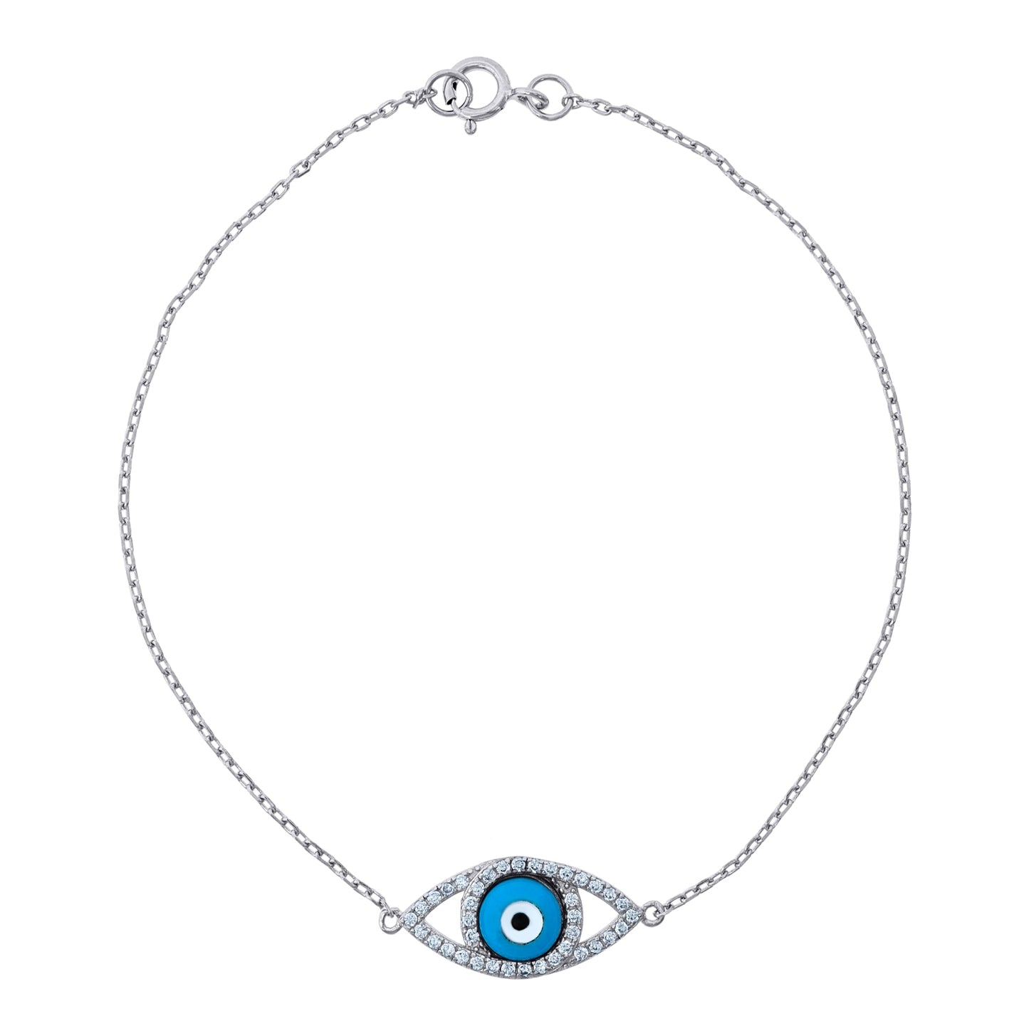 Sterling Silver Womens Cubic Zirconia Rolo Link Evil Eye Bracelet