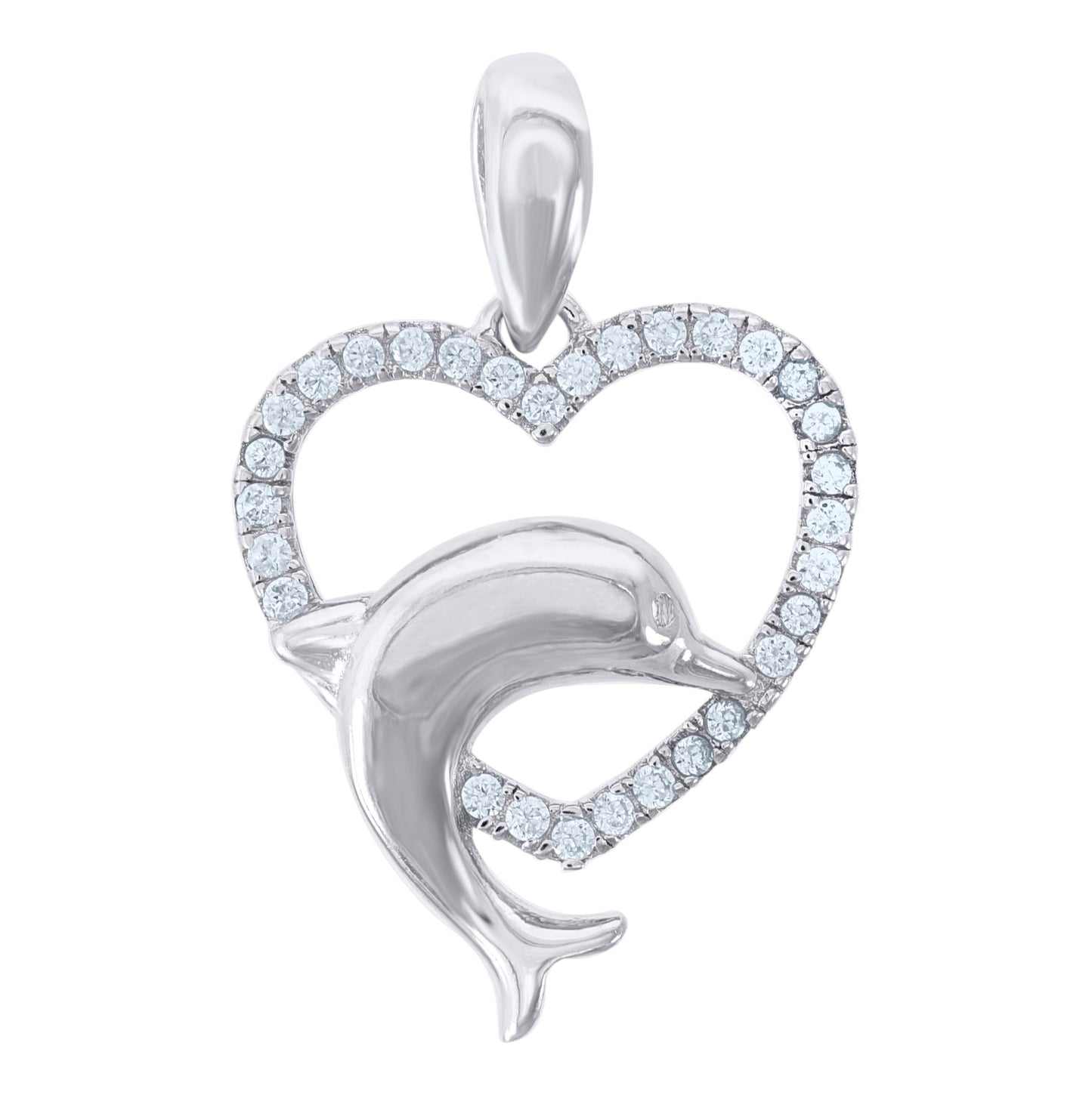 Sterling Silver Womens Cubic Zirconia Heart Dolphin Charm Pendant