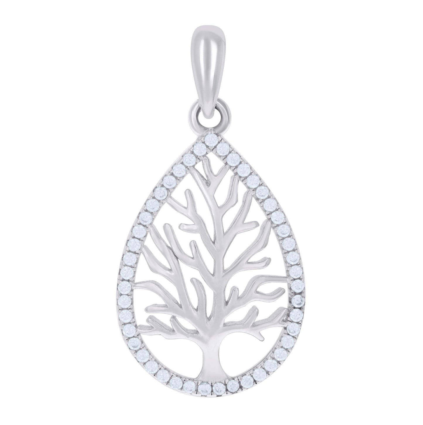Sterling Silver Womens Cubic Zirconia Tree Of Life Teardrop Charm Pendant