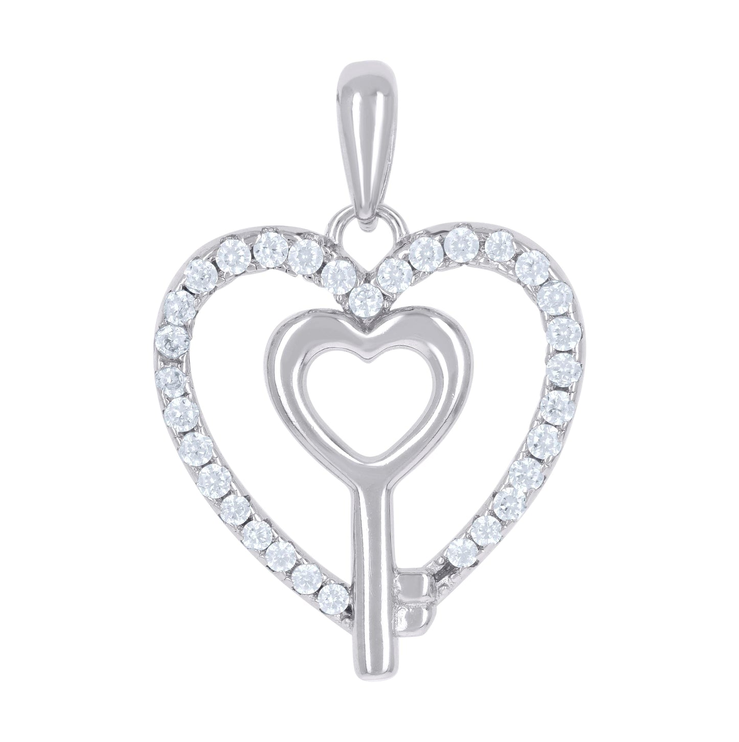 Sterling Silver Womens Cubic Zirconia Heart Key Charm Pendant