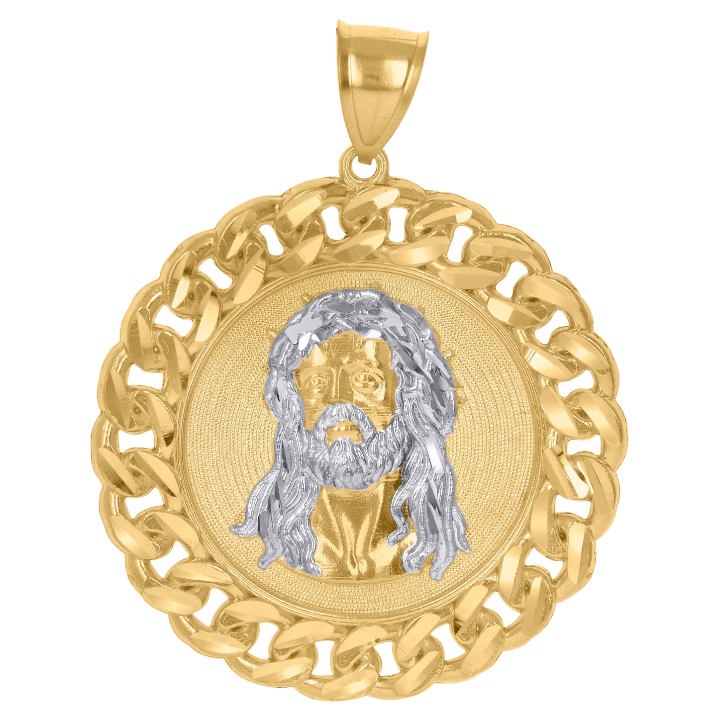 10K Two-Tone Gold Mens Women Curb Border Jesus Christ Religious Charm Pendant
