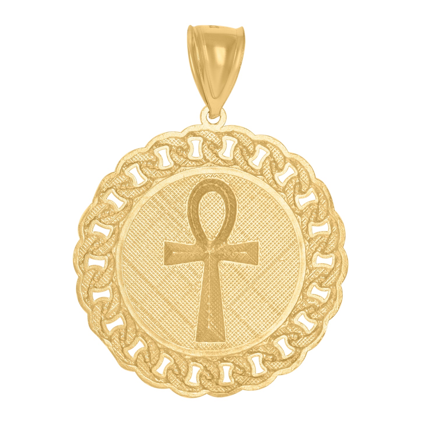 10K Gold Two-Tone Textured Mens Ankh Cross Religious Cuban Link Medallion Charm Pendant
