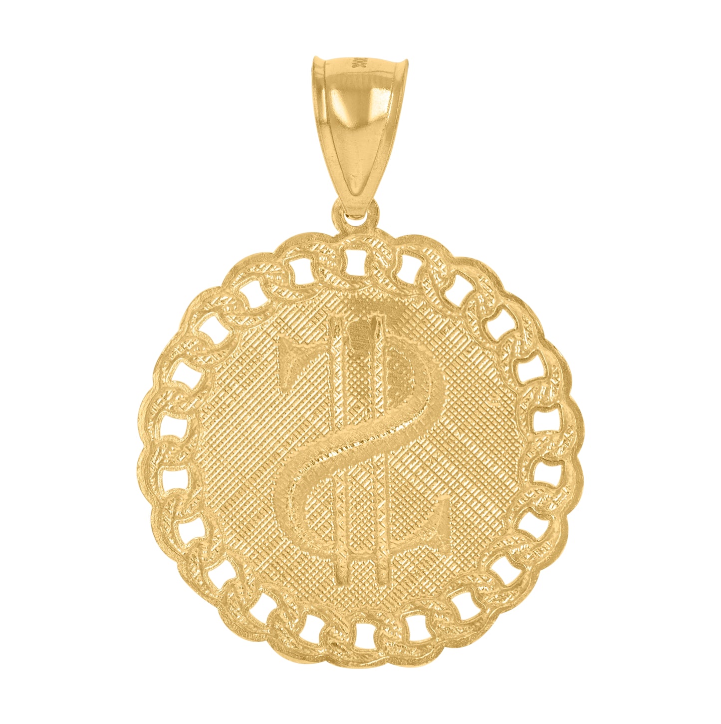 10K Gold Two-Tone Diamond-Cut Mens Dollar Sign Currency Cuban Link Medallion Charm Pendant