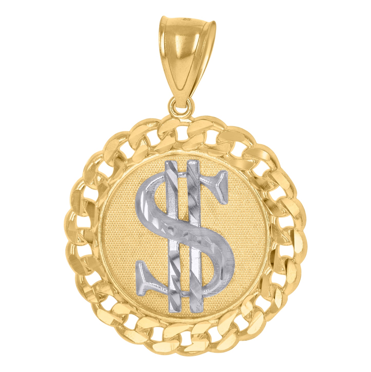 10K Gold Two-Tone Diamond-Cut Mens Dollar Sign Currency Cuban Link Medallion Charm Pendant