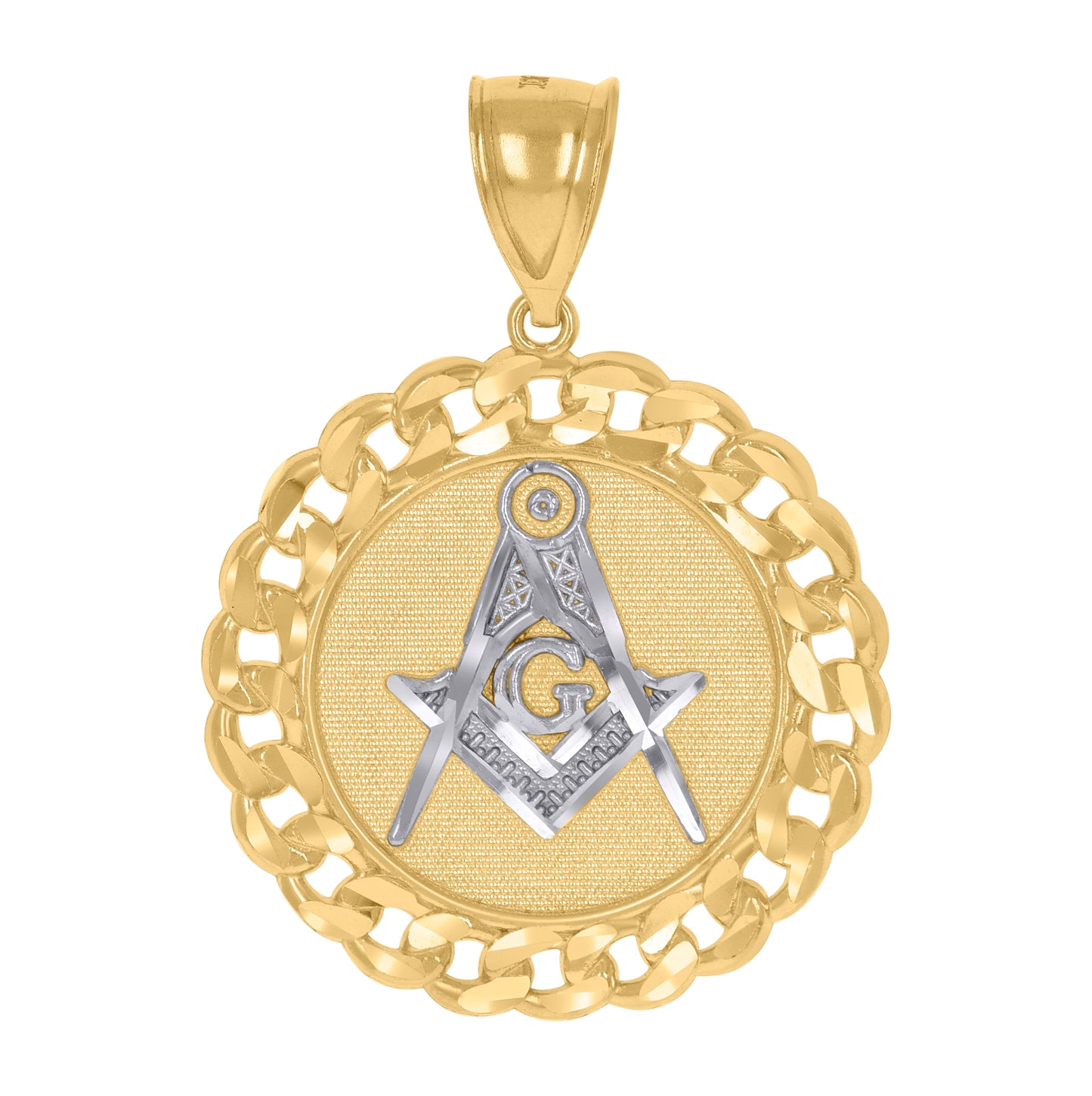 10K Gold Two-Tone Textured Mens Masonic Religious Cuban Link Medallion Charm Pendant
