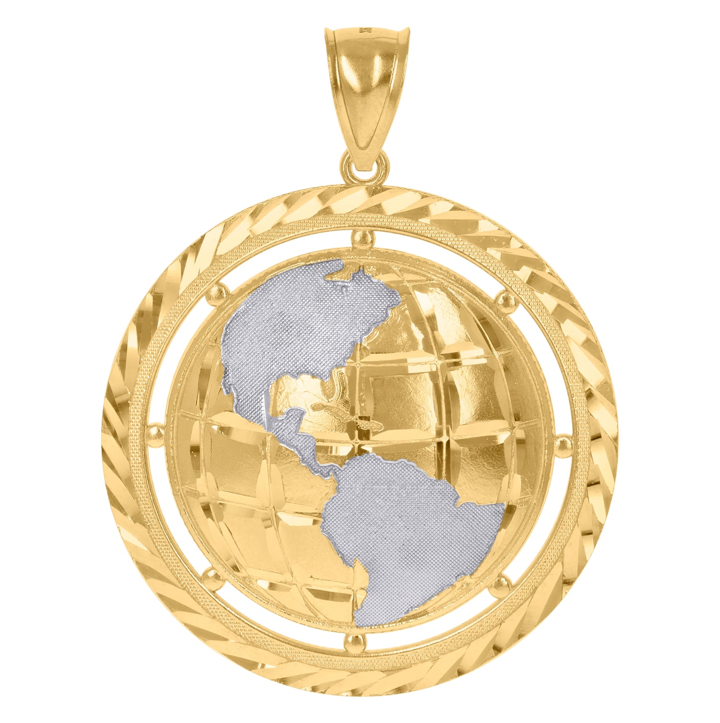 10K Two-Tone Gold Unisex Diamond-Cut World Map Globe Charm Pendant