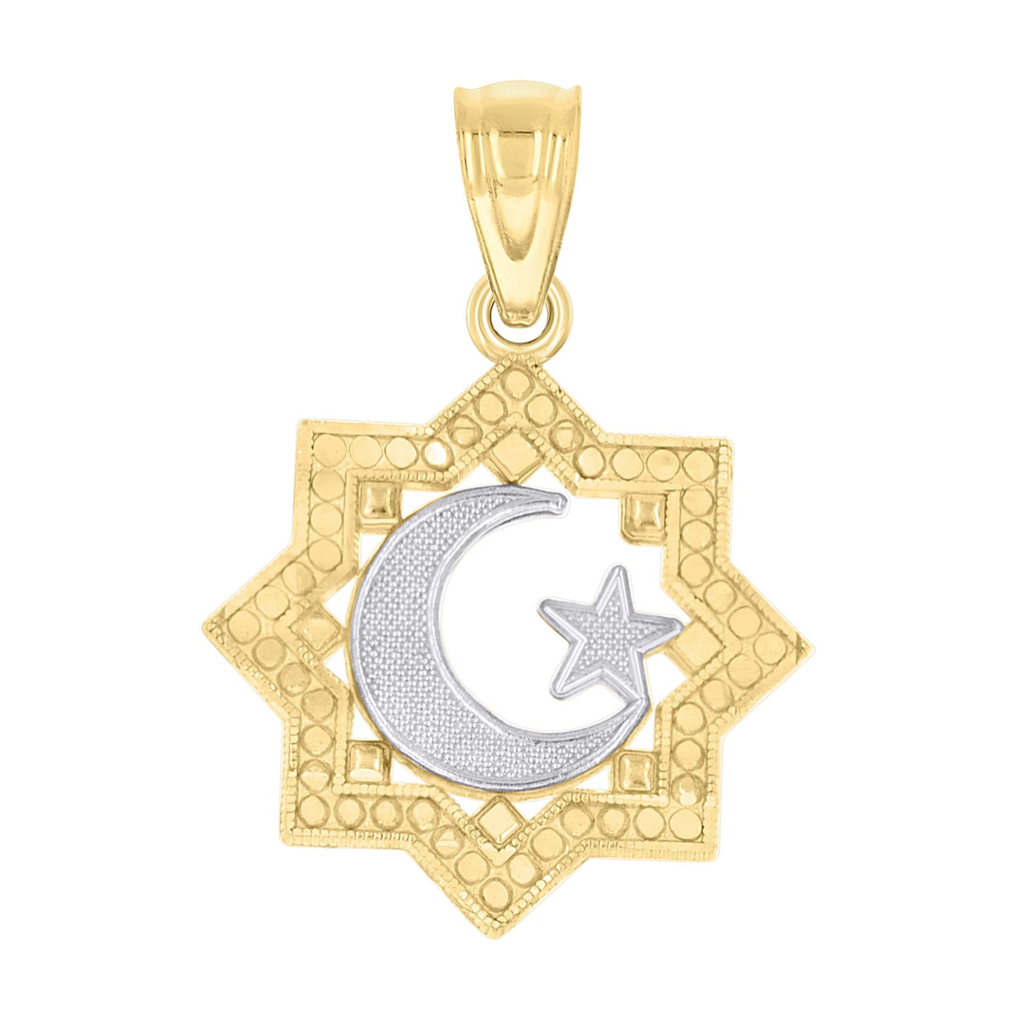 10K Gold Two-Tone Textured Womens Crescent Moon Star Religious Charm Pendant