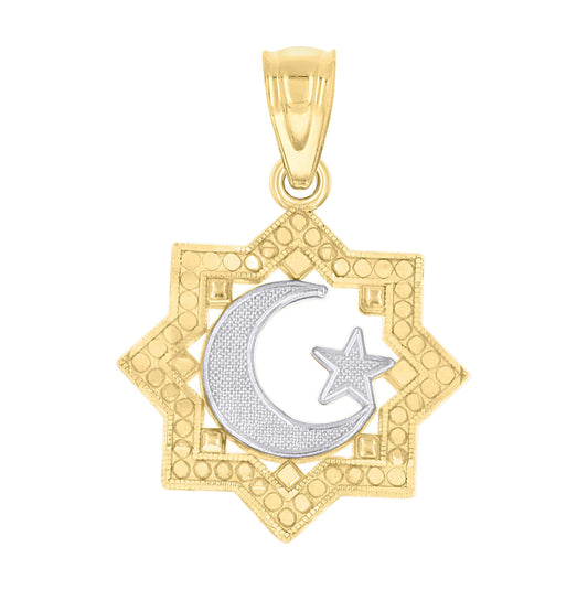 10K Gold Two-Tone Textured Womens Crescent Moon Star Religious Charm Pendant