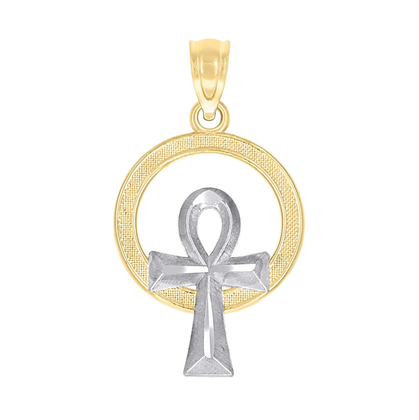 10K Gold Two-Tone Textured Womens Ankh Cross Religious Charm Pendant