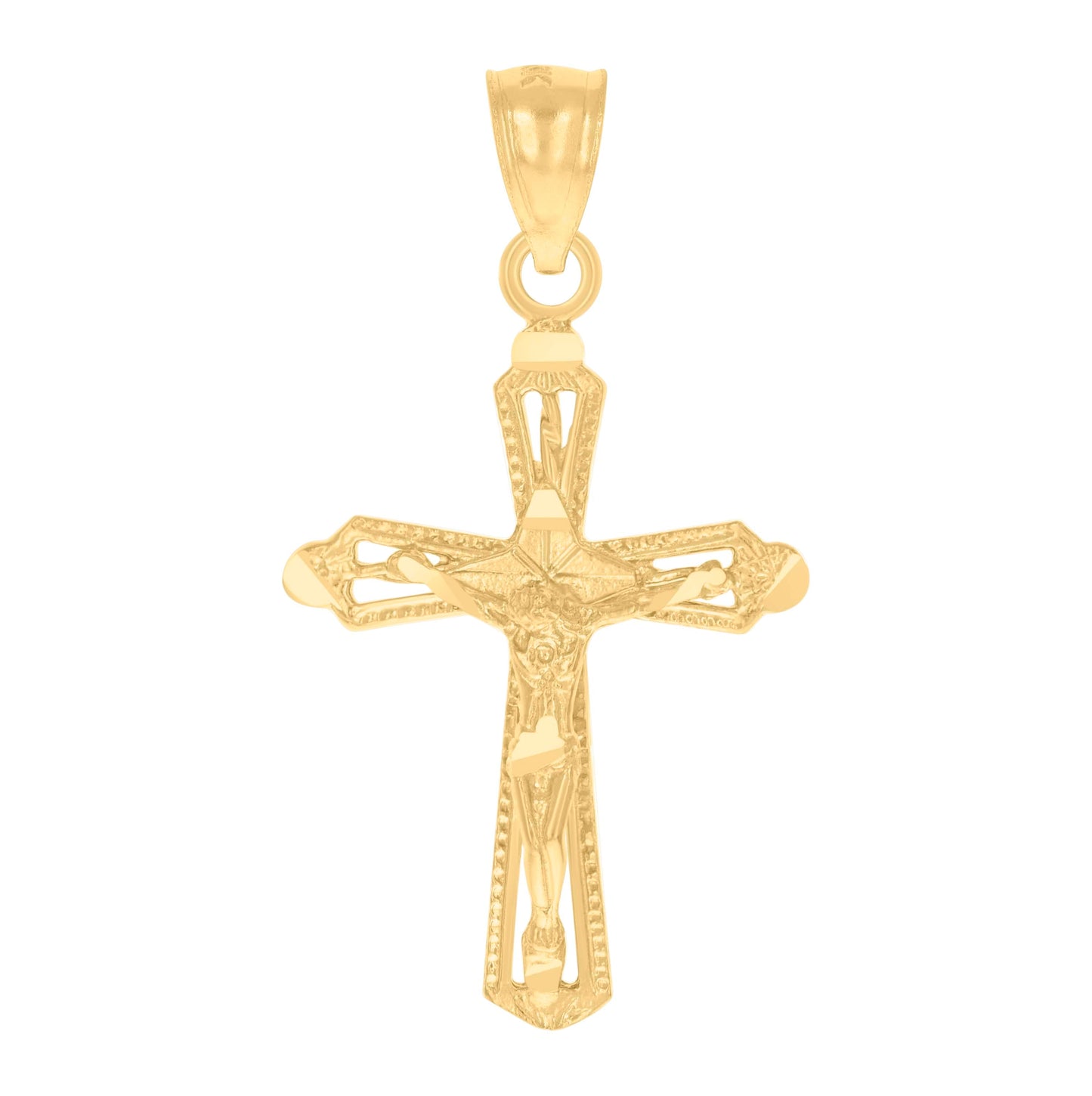 14K Yellow Gold Unisex Diamond-Cut Cross Crucifix Religious Pendant Charm