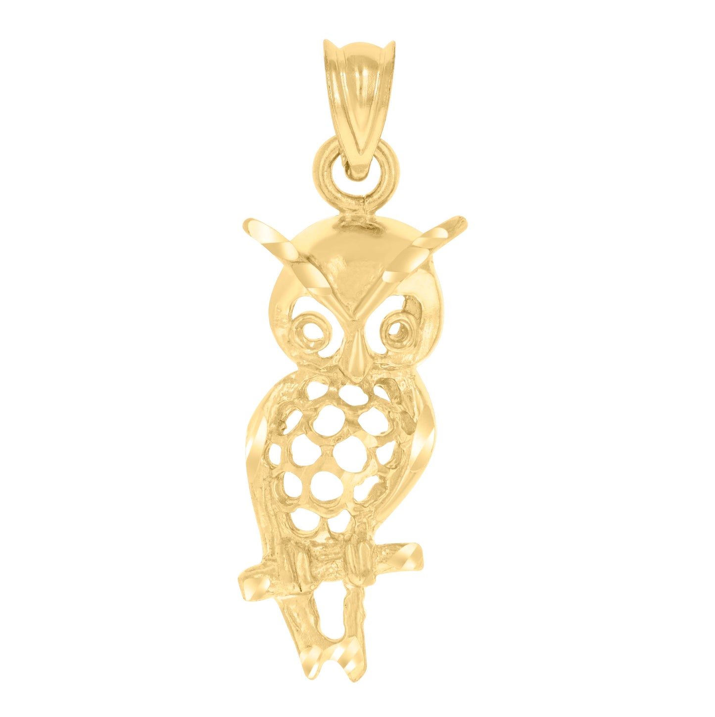 14K Yellow Gold Womens Diamond-Cut Owl Bird Ht:26.3Mm Pendant Charm