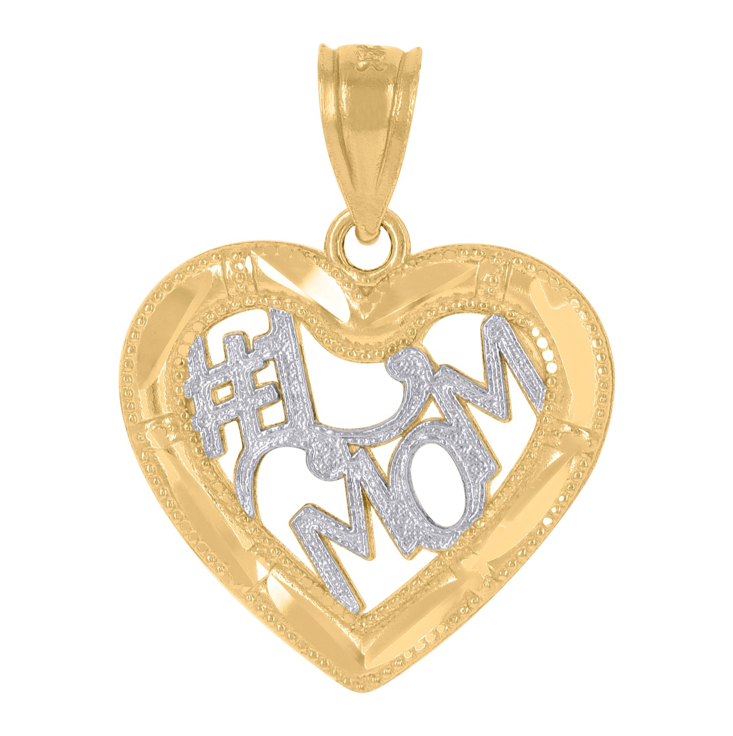14K Gold Womens Two-Tone Diamond-Cut No.1 Mom Mother Ht:22Mm Heart Pendant Charm