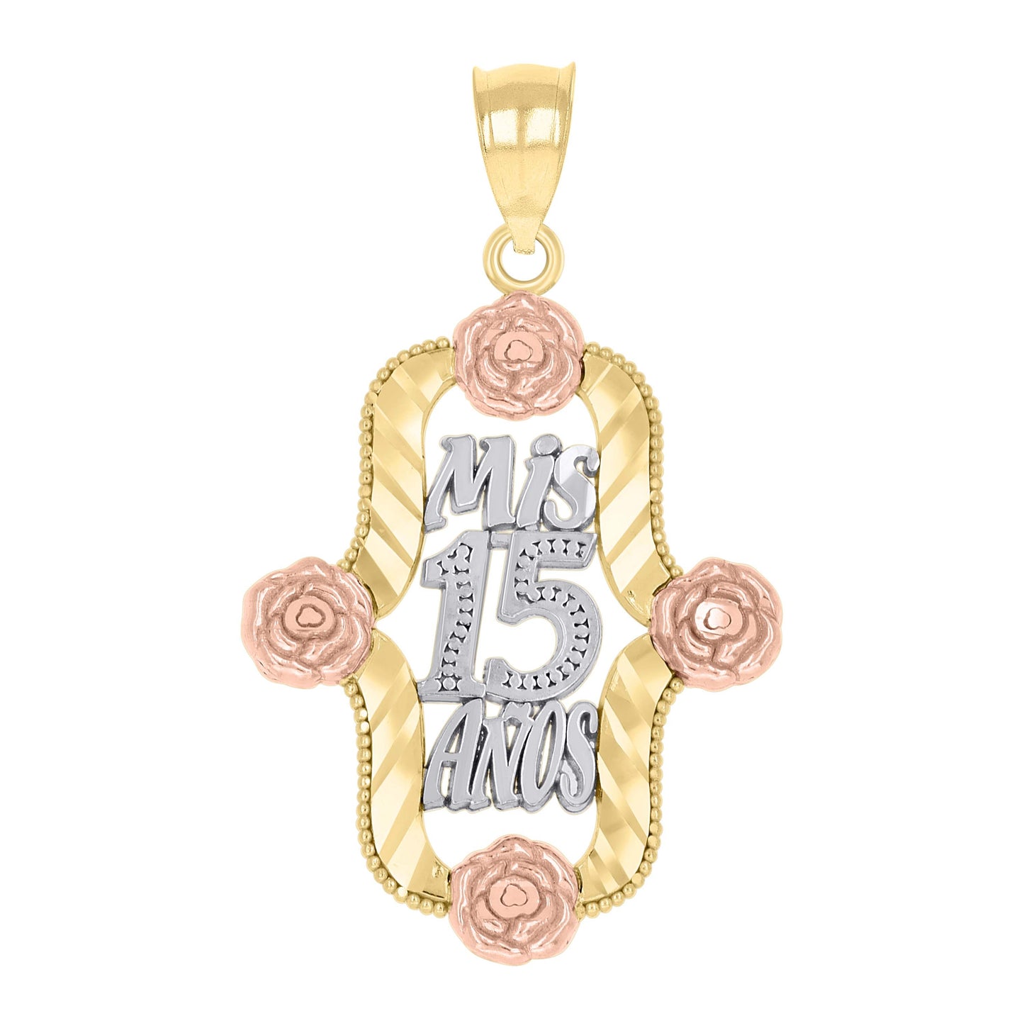 14K Gold Womens Tri-Color Diamond-Cut 15 Anos Flower Quinceanera Ht:31Mm Pendant Charm