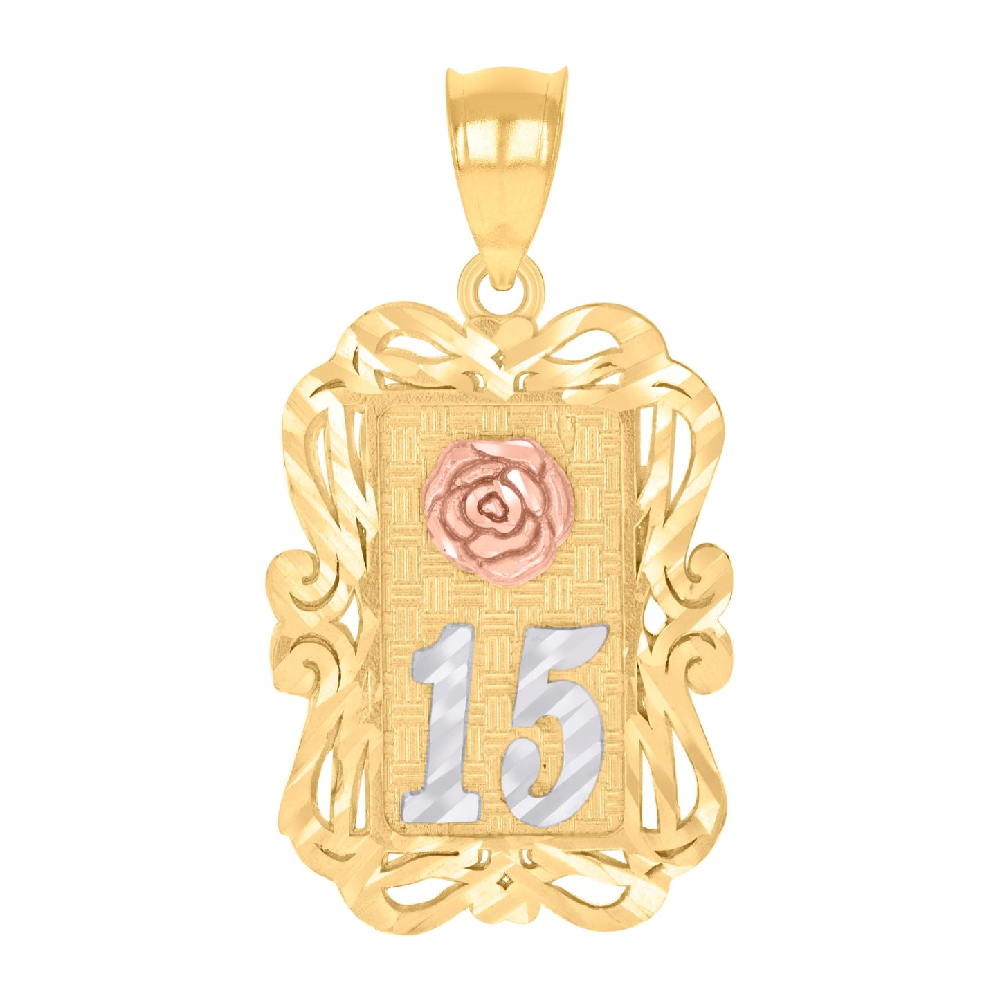14K Gold Womens Tri-Color Diamond-Cut 15 Anos Quinceanera Ht:25.4Mm Pendant Charm