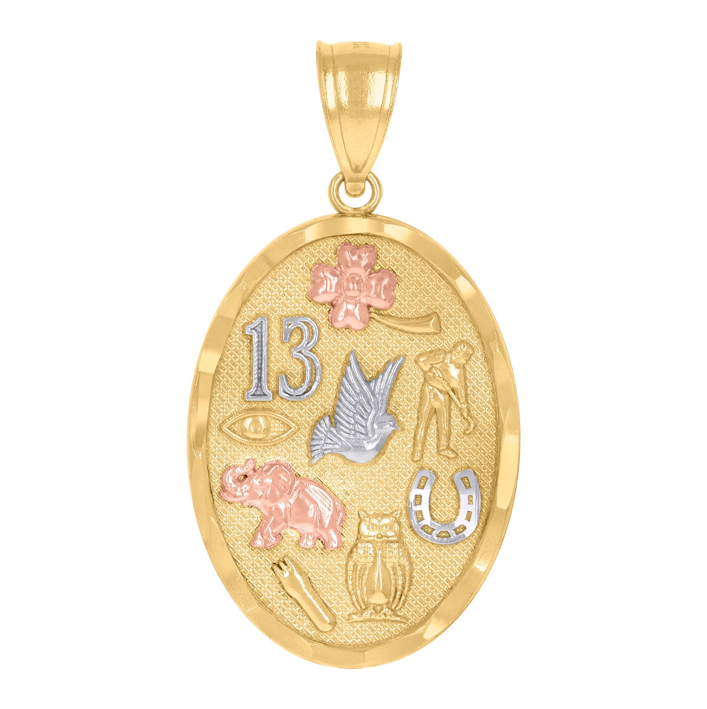 14K Gold Unisex Tri-Color No.13 Elephant Owl Horse Shoe Clover Lucky Oval Amulet Good Luck Pendant Charm