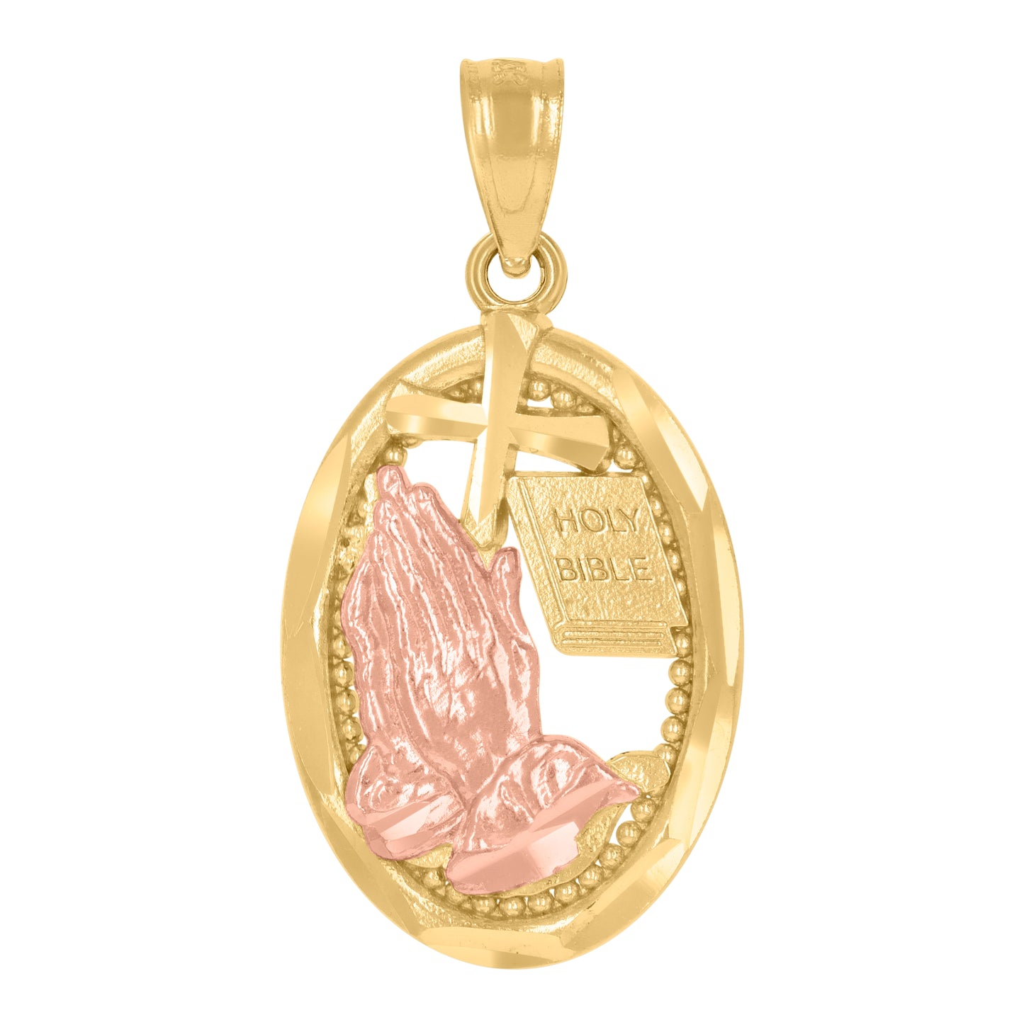 14K Yellow Gold Unisex Diamond-Cut Praying Hands Cross Holy Bible Ht:25.6Mm Pendant Charm