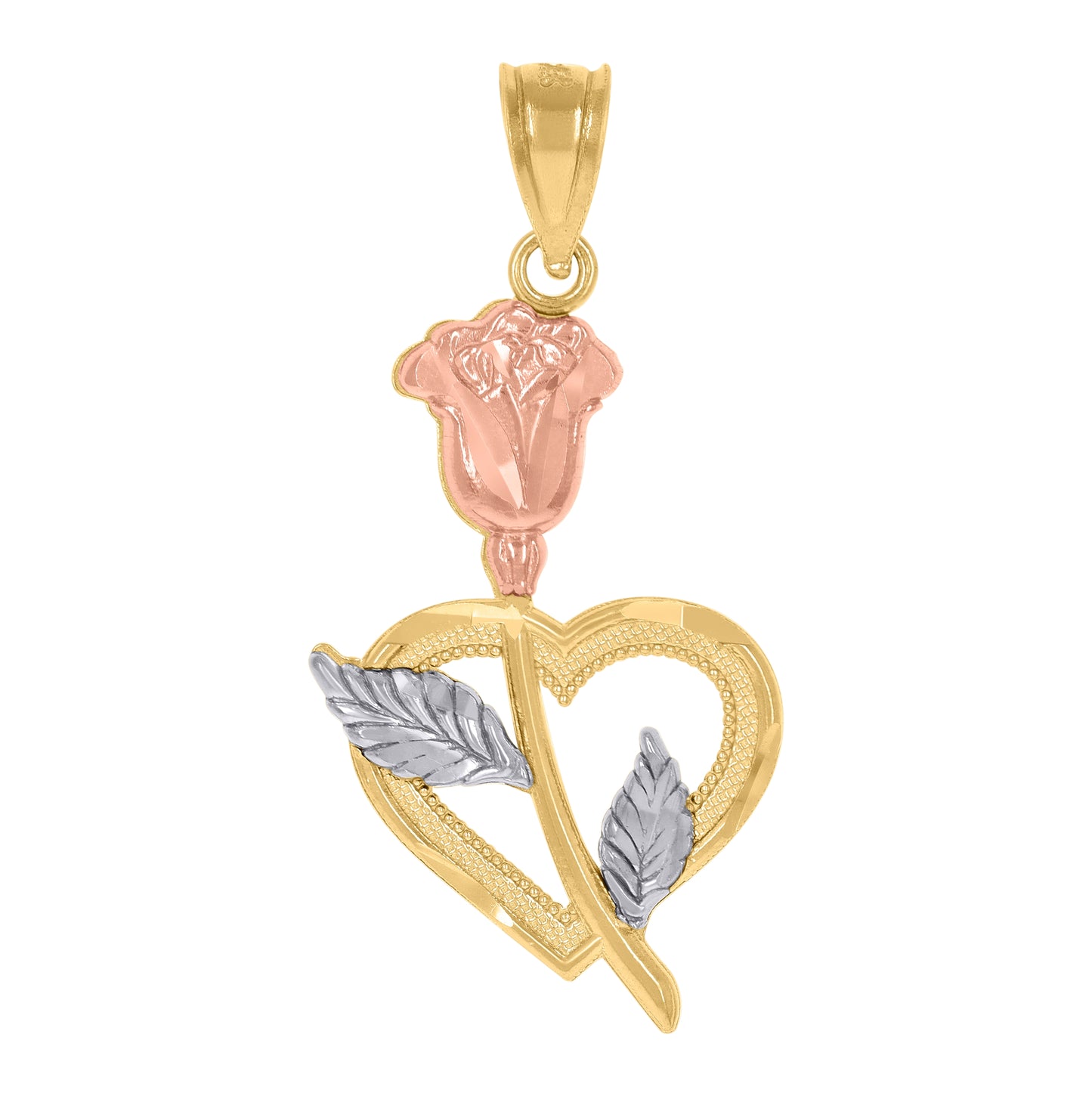 14K Gold Womens Tri-Color Flower Heart Ht:32.1Mm Pendant Charm