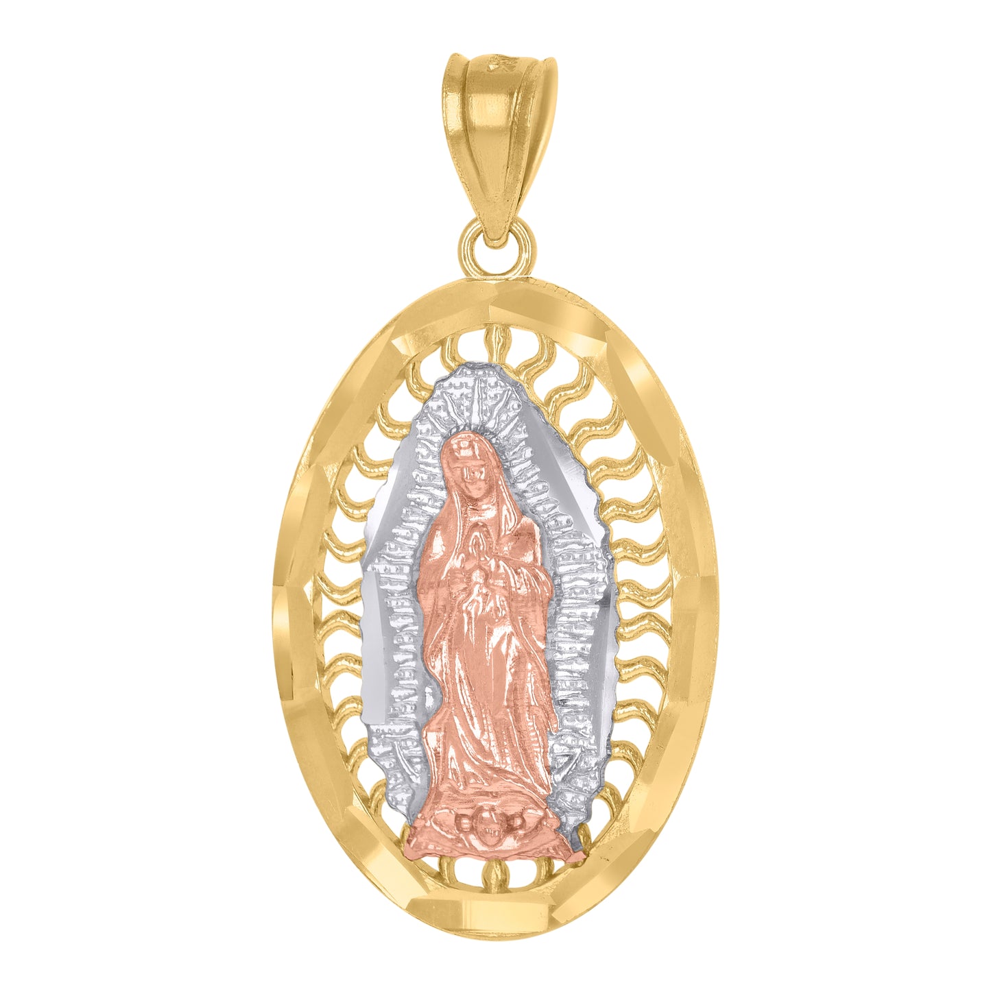 14K Gold Unisex Tri-Color Diamond-Cut Guadalupe Mary Oval Religious Ht:32.4Mm Pendant Charm
