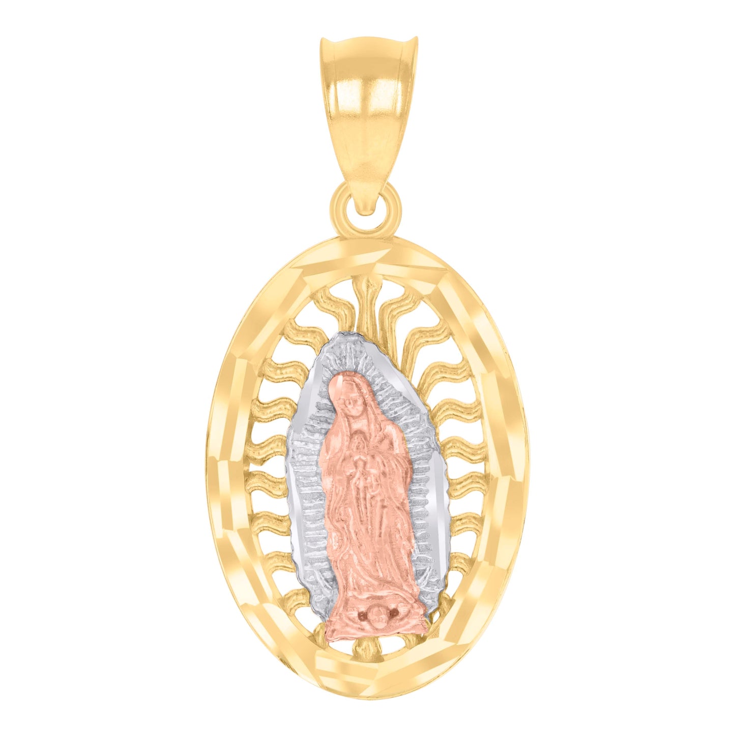 14K Gold Unisex Tri-Color Diamond-Cut Guadalupe Mary Oval Religious Ht:14Mm Pendant Charm