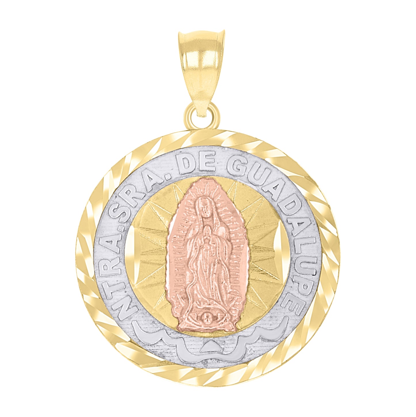 14K Gold Unisex Tri-Color Diamond-Cut Our Lady Of Guadalupe Marry Medallion Religious Ht:27.1Mm Pendant