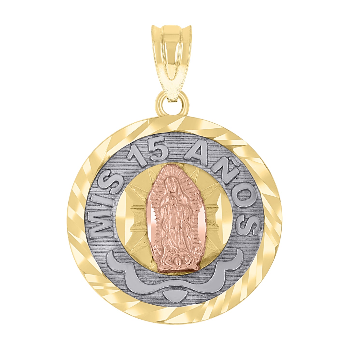14K Gold Womens Tri-Color Diamond-Cut Mis 15 Anos Guadalupe Round Quinceanera Ht:23Mm Pendant Charm