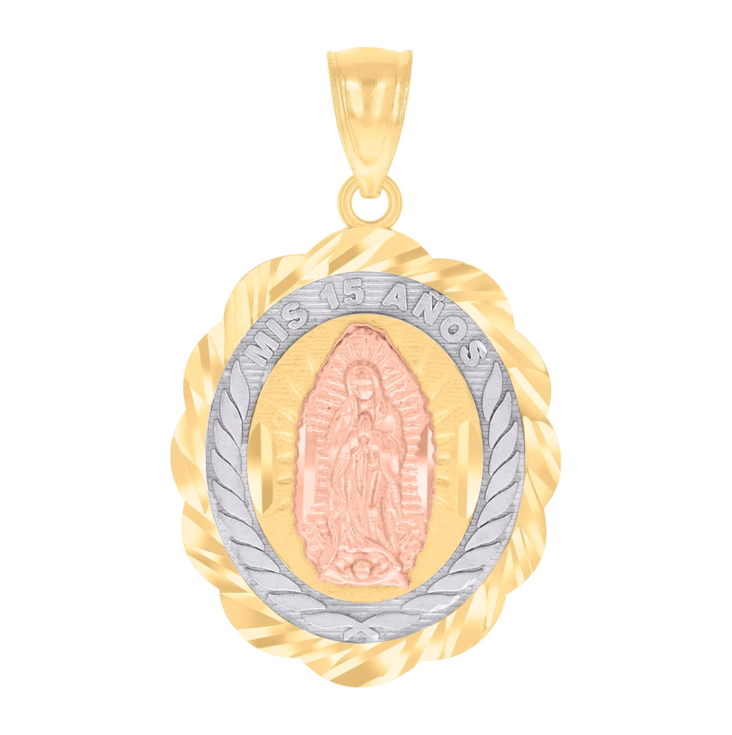 14K Gold Womens Tri-Color Diamond-Cut Mis 15 Anos Guadalupe Oval Quinceanera Ht:29.2Mm Pendant Charm