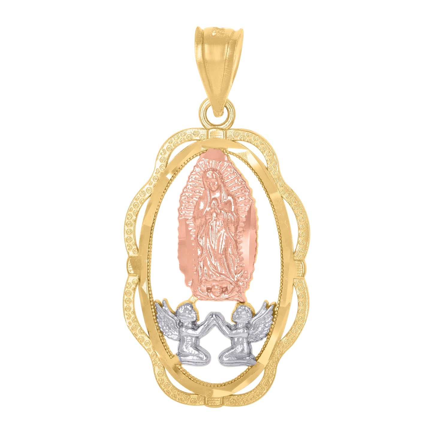 14K Gold Womens Tri-Color Diamond-Cut Guadalupe Angel Oval Religious Ht:30Mm Pendant Charm