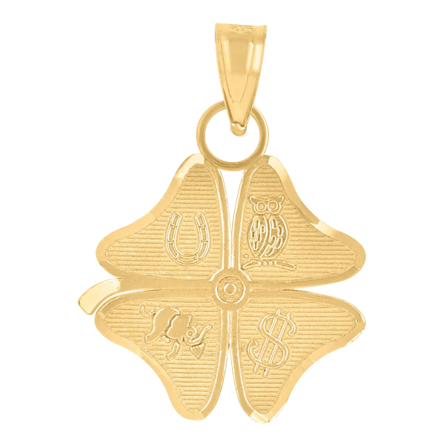 14K Yellow Gold Unisex Diamond-Cut Lucky Clover Leaf Ht:21.6Mm Good Luck Pendant Charm