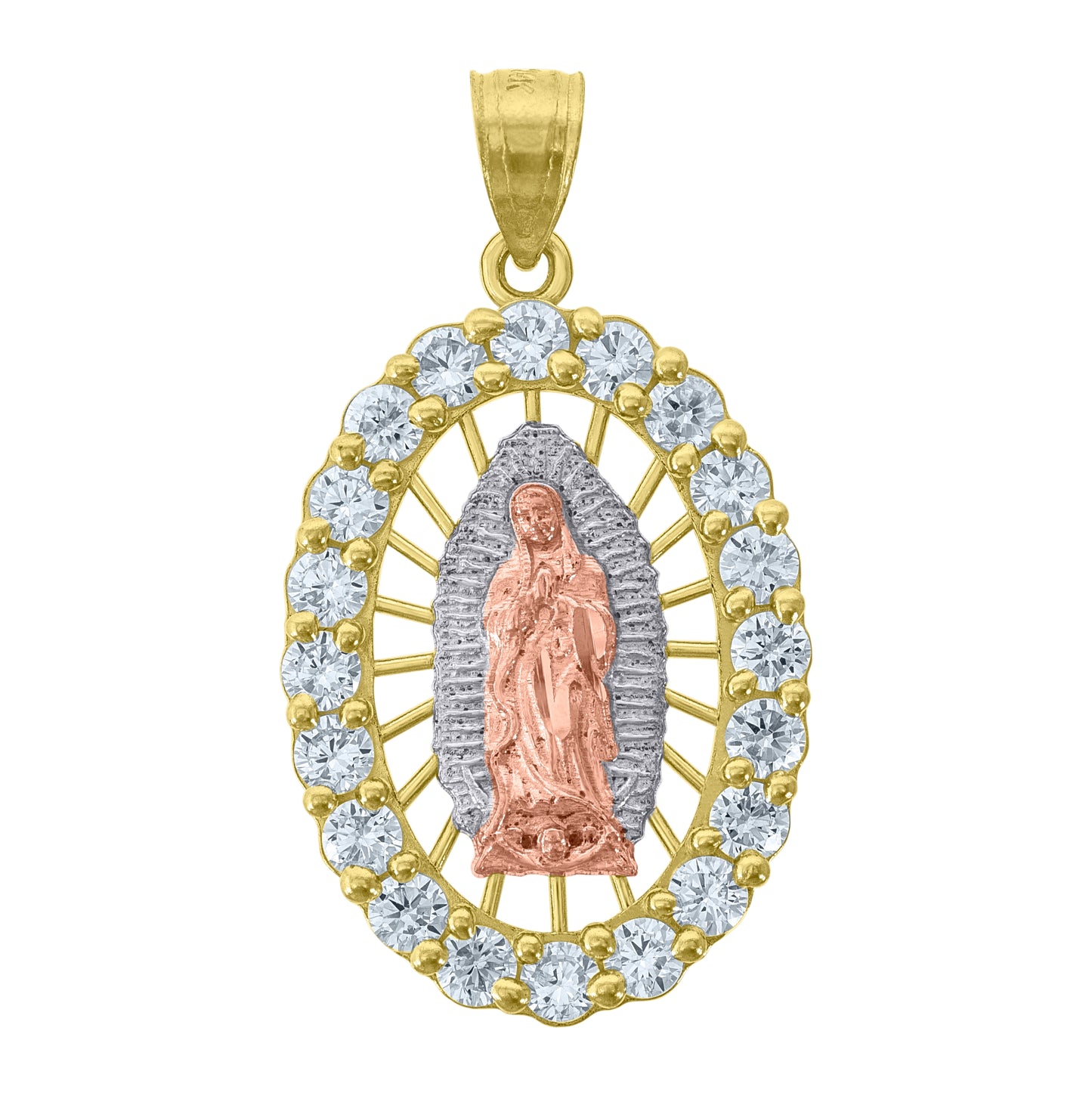 14K Tri-Color Gold Unisex Cubic Zirconia Diamond-Cut Textured Lady Of Guadalupe Religious Charm Pendant