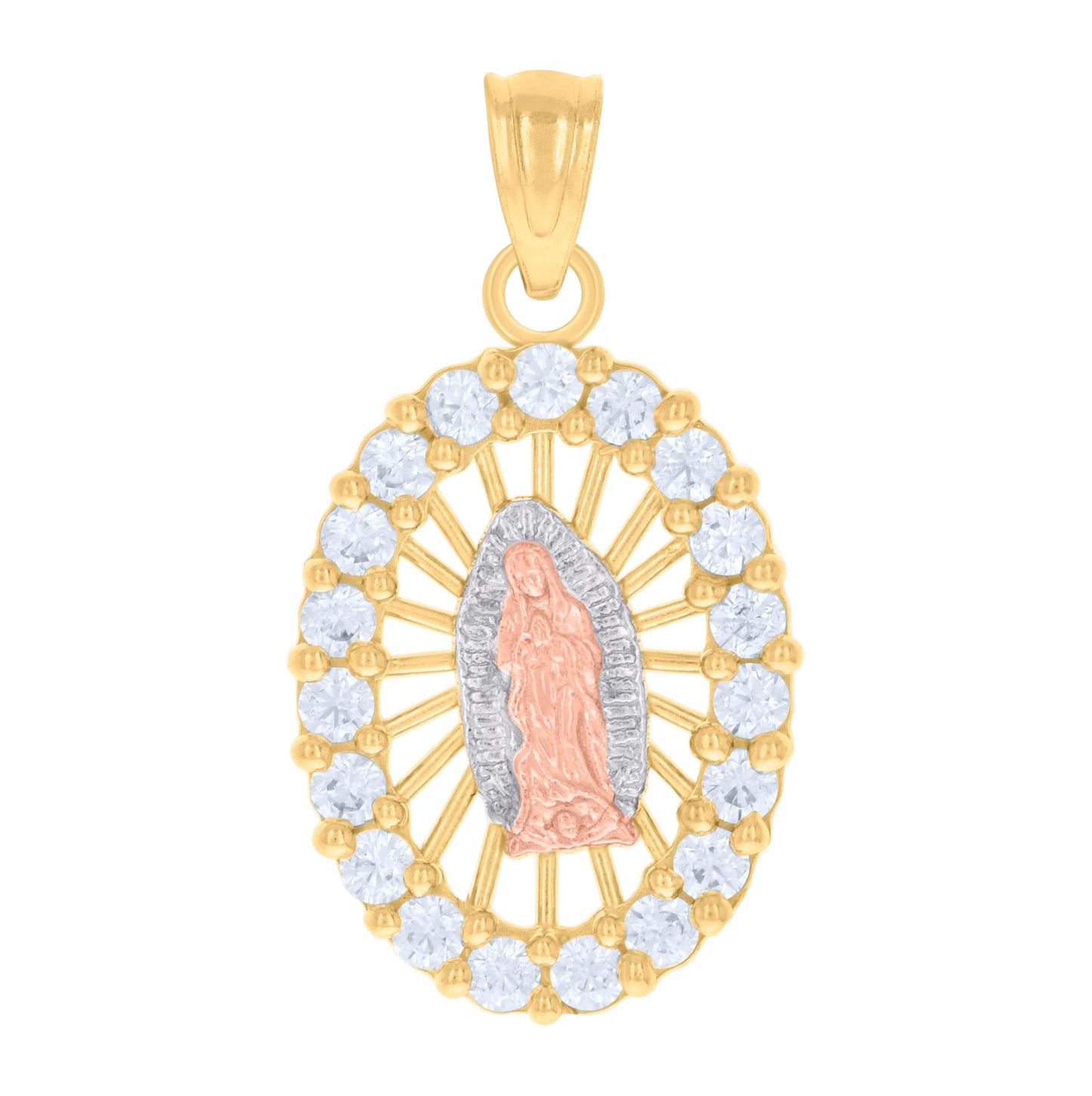 14K Gold Womens Tri-Color Cubic-Zirconia Guadalupe Mary Oval Religious Ht:23.8Mm Pendant Charm