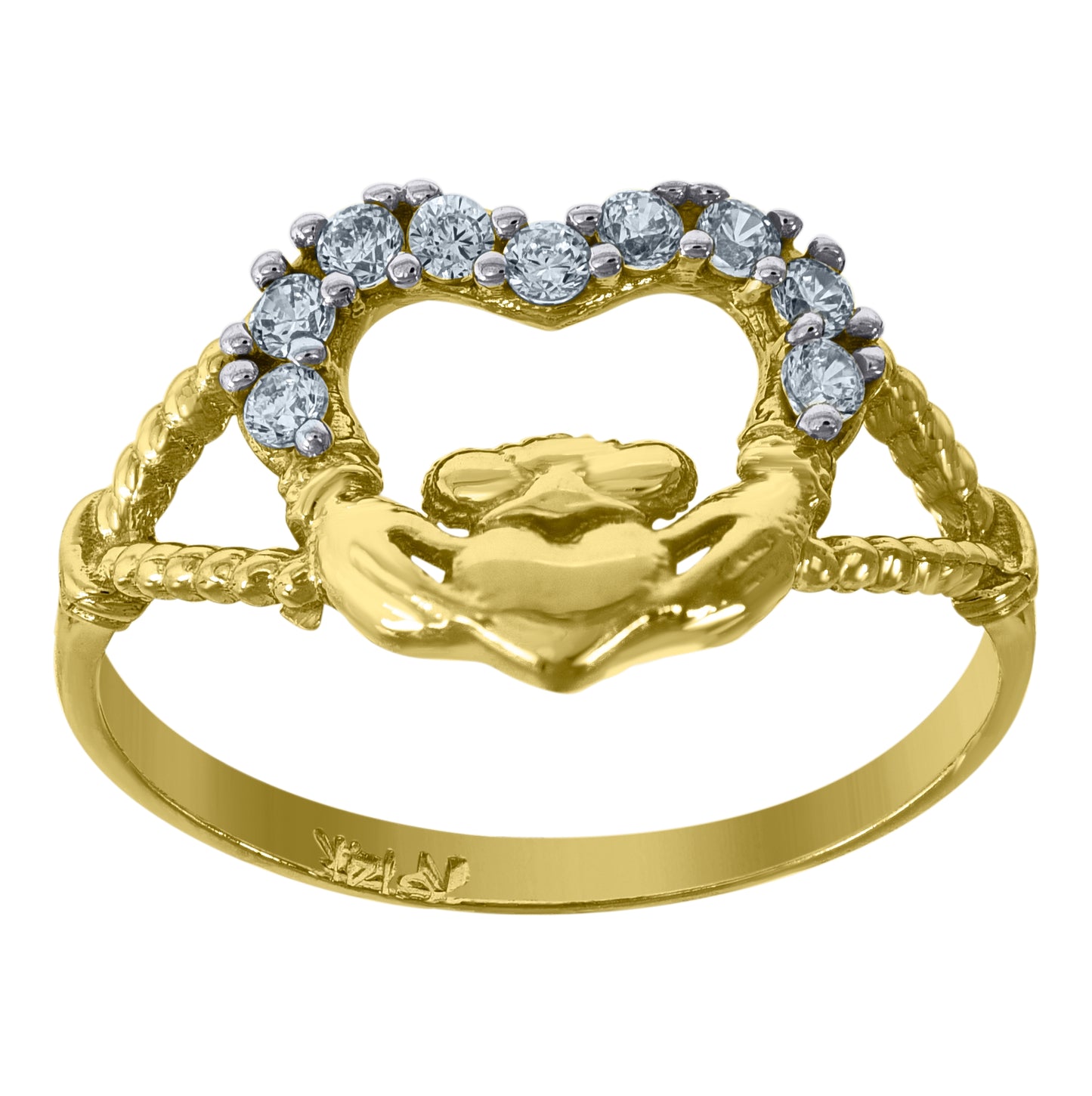14K Two-Tone Gold Womens Cubic-Zirconia Claddagh Size 7 Ring Band