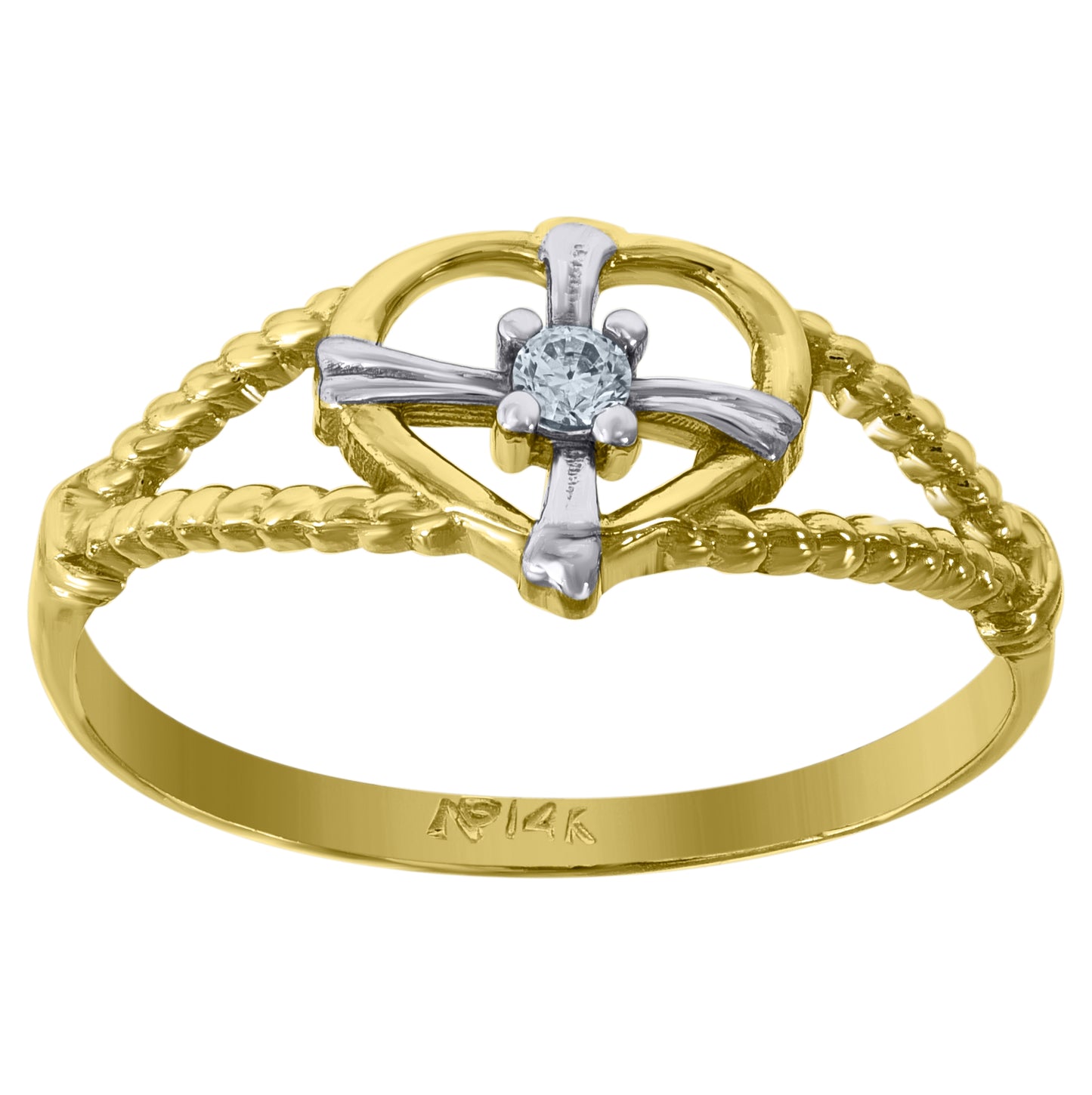 14K Gold Womens Two-Tone Cubic-Zirconia Size 7 Heart Ring Band