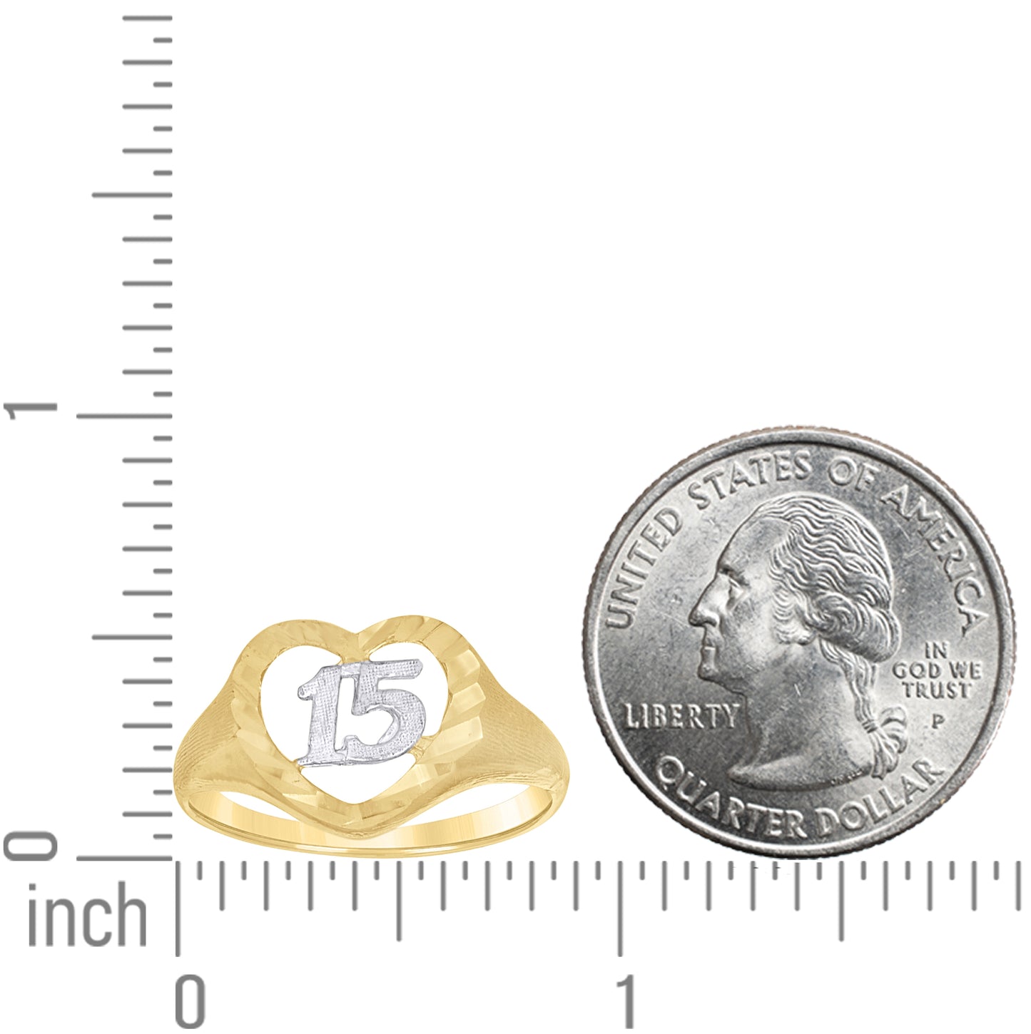 14K Two-Tone Gold Womens Heart 15 Anos Quinceanera Ring