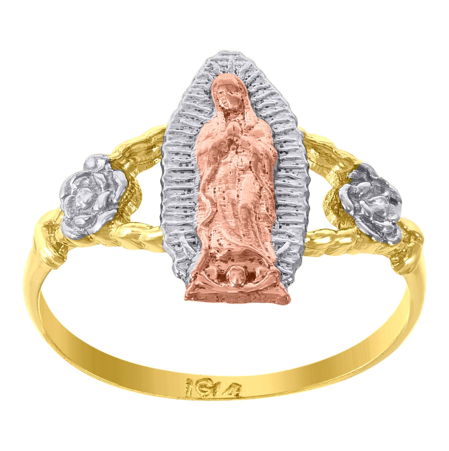 14K Gold Womens Tri-Color Cubic-Zirconia Guadalupe Mary Flower Size 7 Religious Ring Band