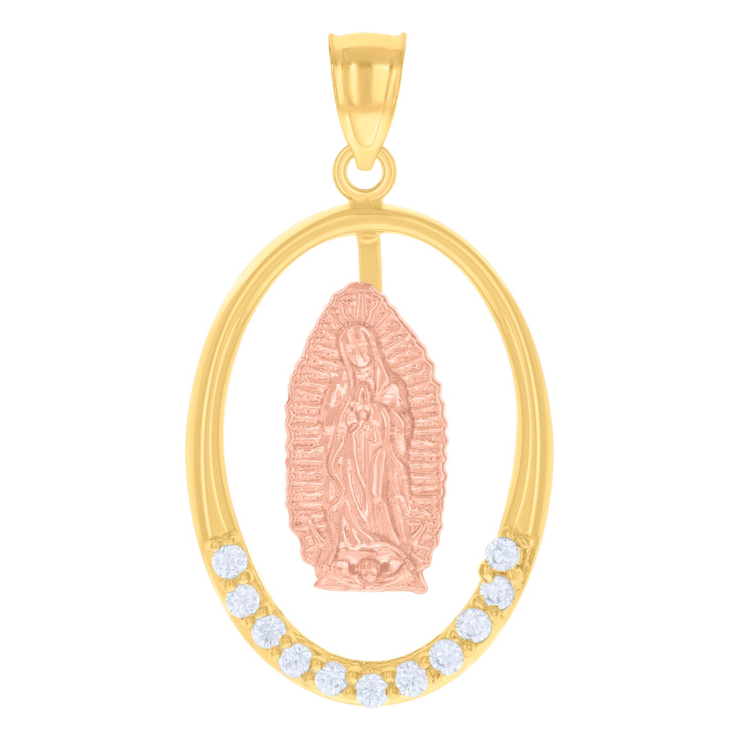 14K Gold Unisex Tri-Color Cubic-Zirconia Guadalupe Mary Oval Religious Ht:31.7Mm Pendant Charm