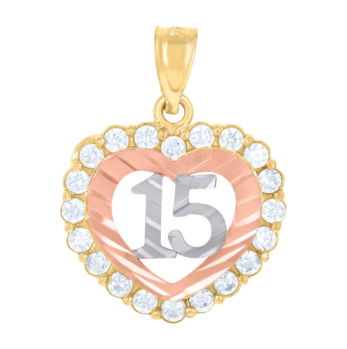 14K Gold Womens Tri-Color 15 Anos Heart Quinceanera Ht:20.3Mm Pendant Charm