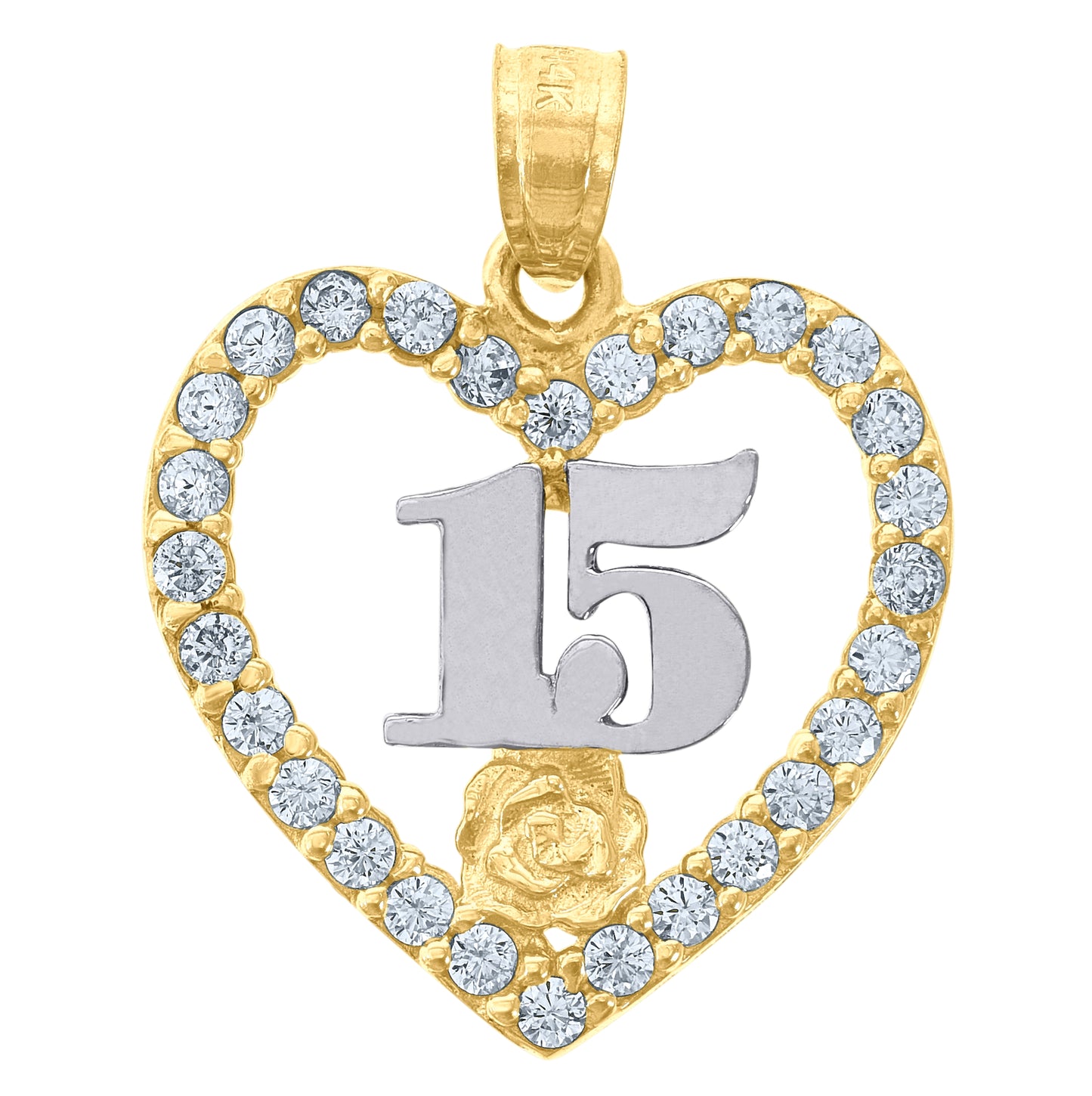 14K Gold Womens Two-Tone Cubic-Zirconia 15 Anos Heart Quinceanera Ht:21.7Mm Pendant Charm